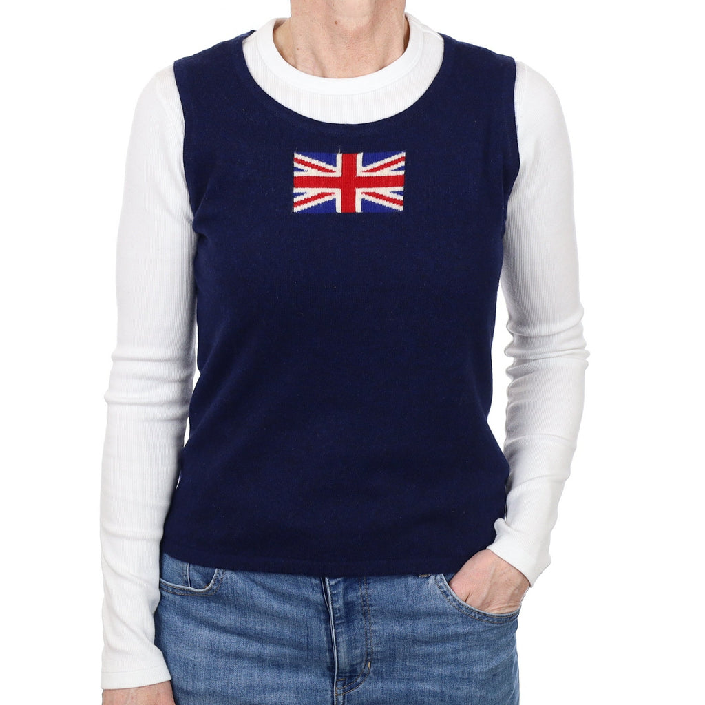 Scottish Navy Blue Cashmere Tank Top with Union Jack  Small