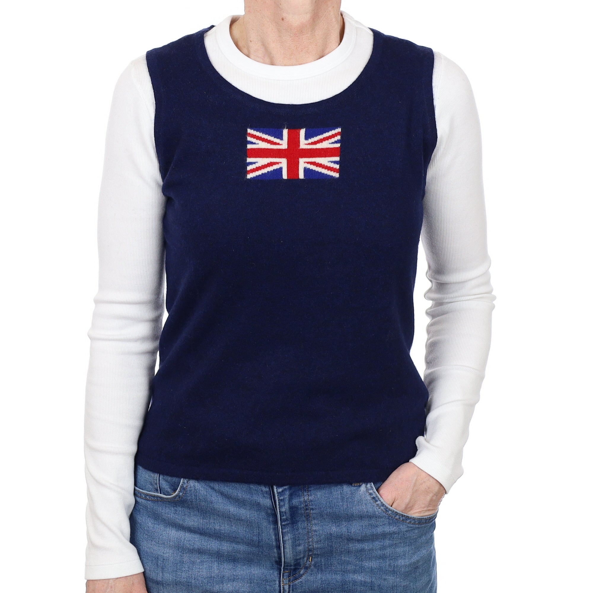 Scottish Navy Blue Cashmere Tank Top with Union Jack  Small