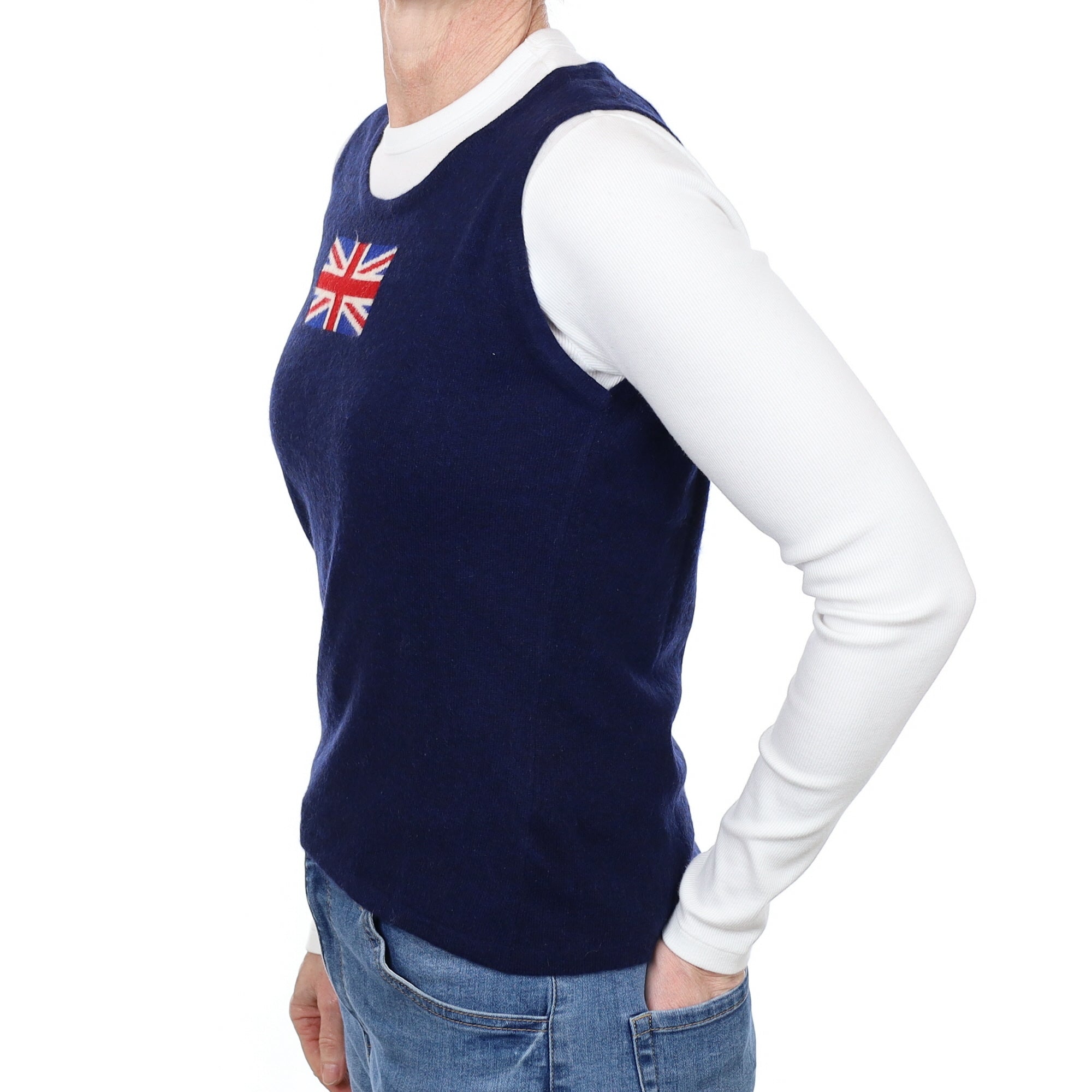 Scottish Navy Blue Cashmere Tank Top with Union Jack  Small