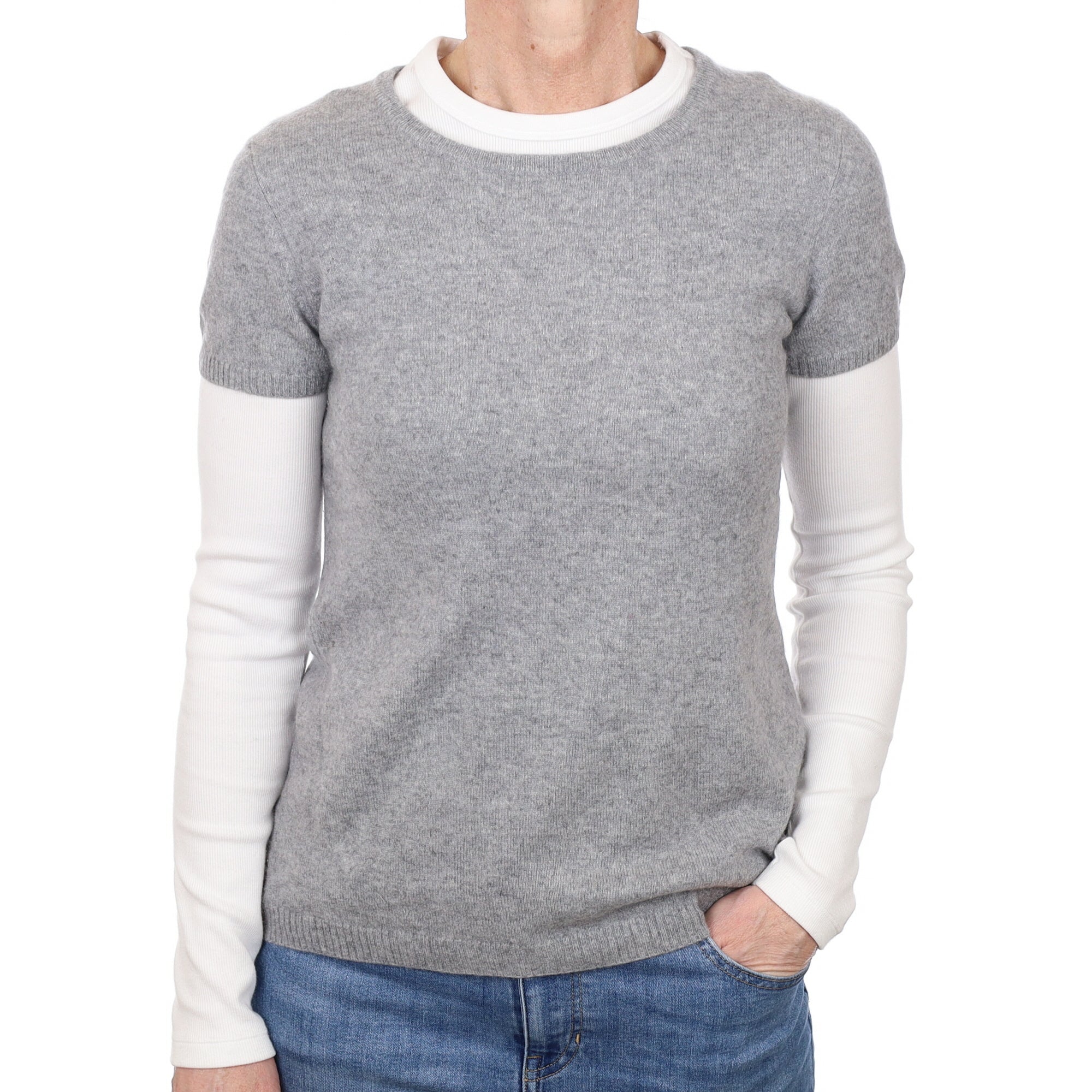 Smoke Grey Cashmere Short Sleeved Crew Neck Jumper  Small