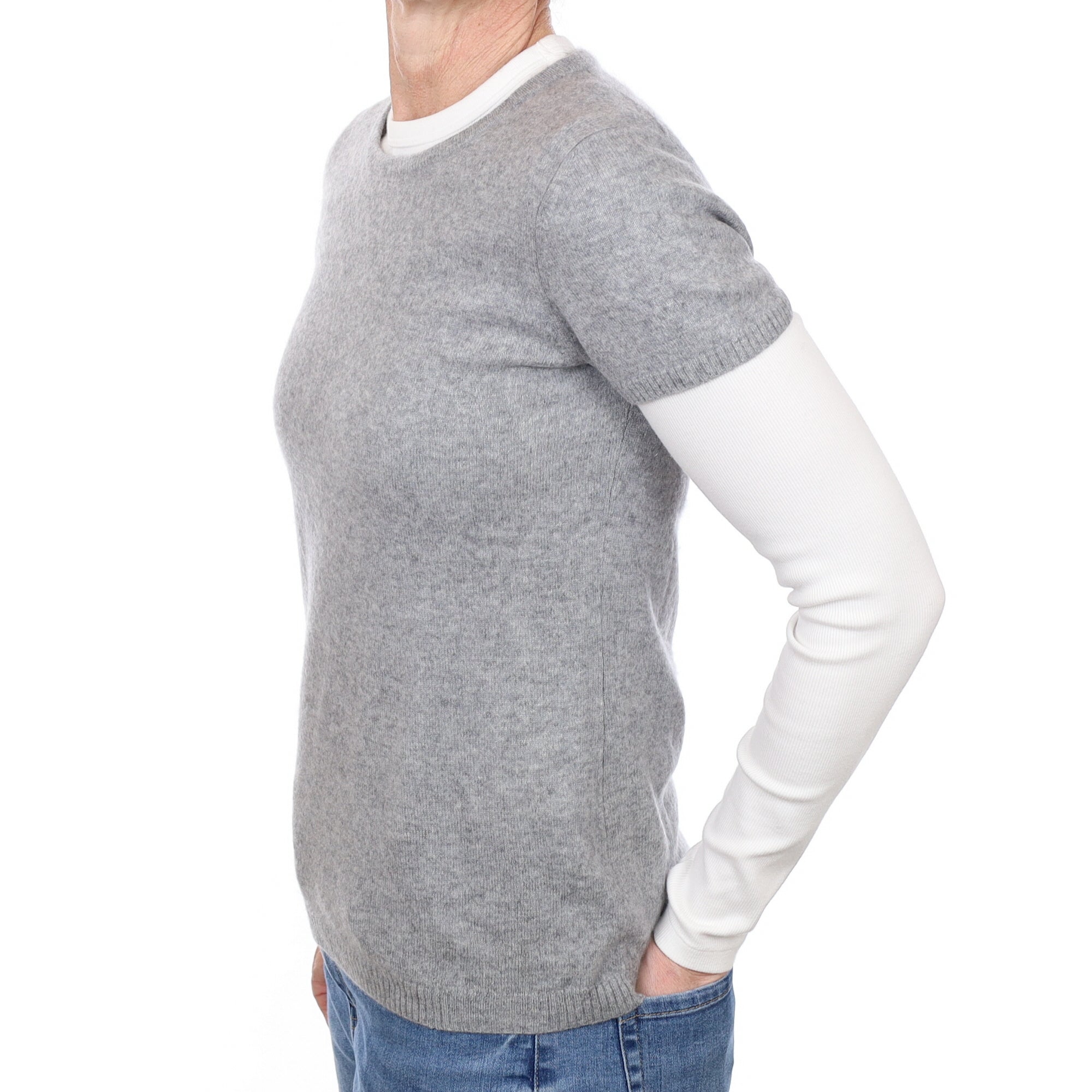 Smoke Grey Cashmere Short Sleeved Crew Neck Jumper  Small