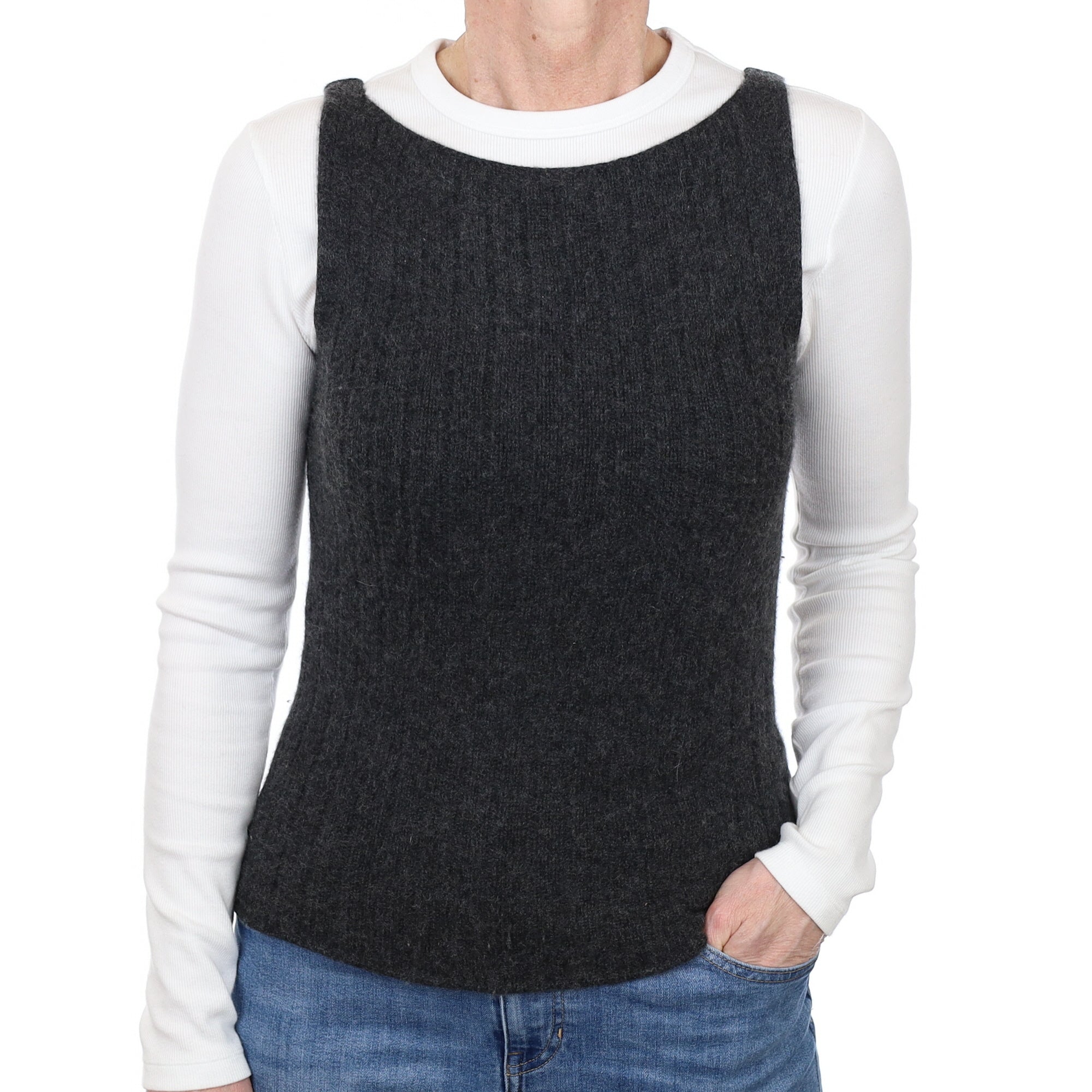 Charcoal Grey Cashmere Ribbed Chunky Knit Tank Top Small