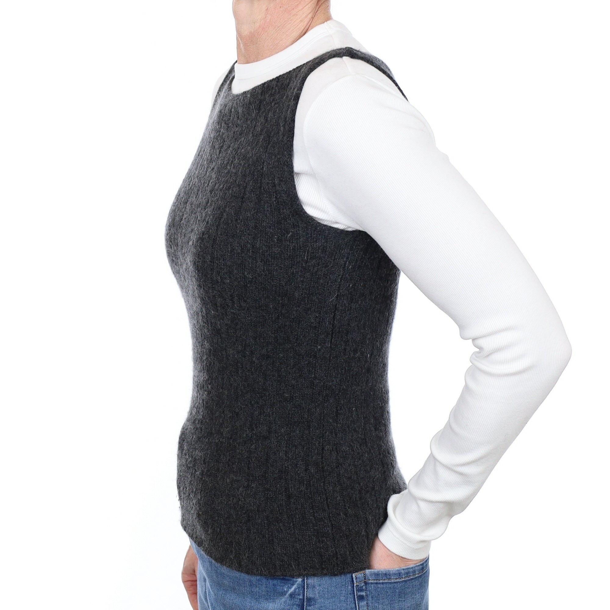 Charcoal Grey Cashmere Ribbed Chunky Knit Tank Top Small