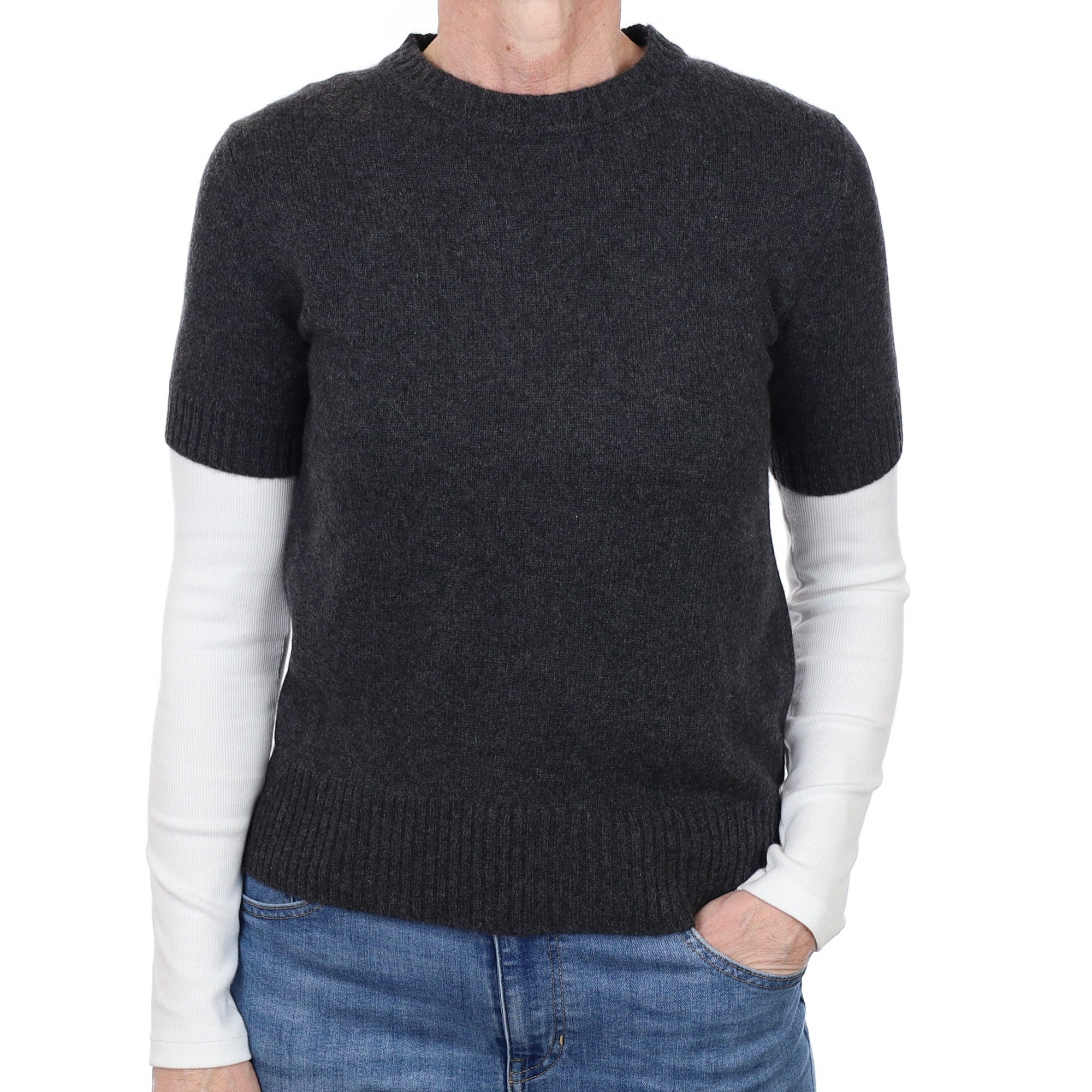 Charcoal Grey Cashmere Short Sleeved Crew Neck Jumper Small