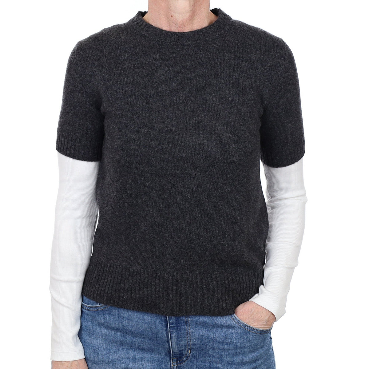 Charcoal Grey Cashmere Short Sleeved Crew Neck Jumper Small