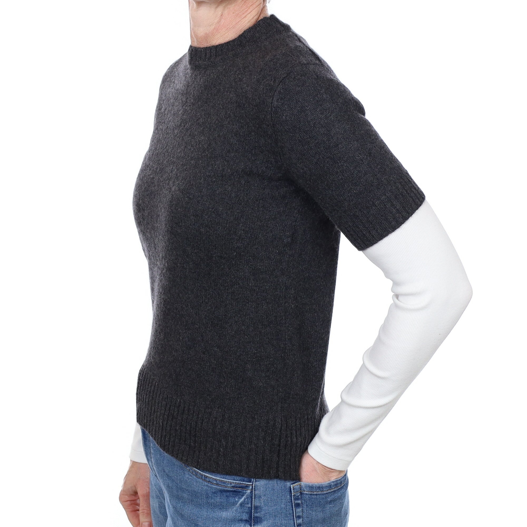 Charcoal Grey Cashmere Short Sleeved Crew Neck Jumper Small