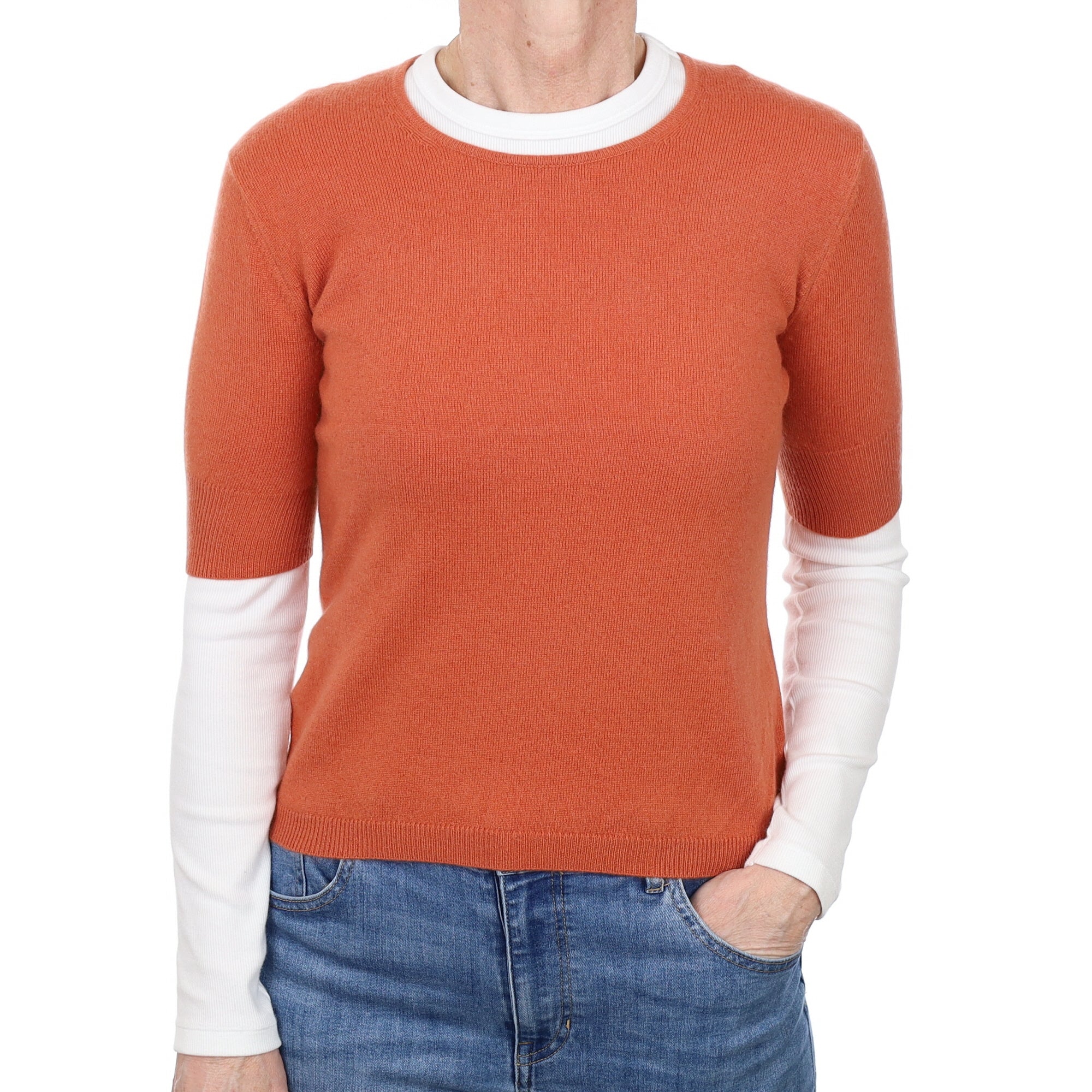 Terracotta Orange Cashmere Short Sleeved Crew Neck Jumper Small