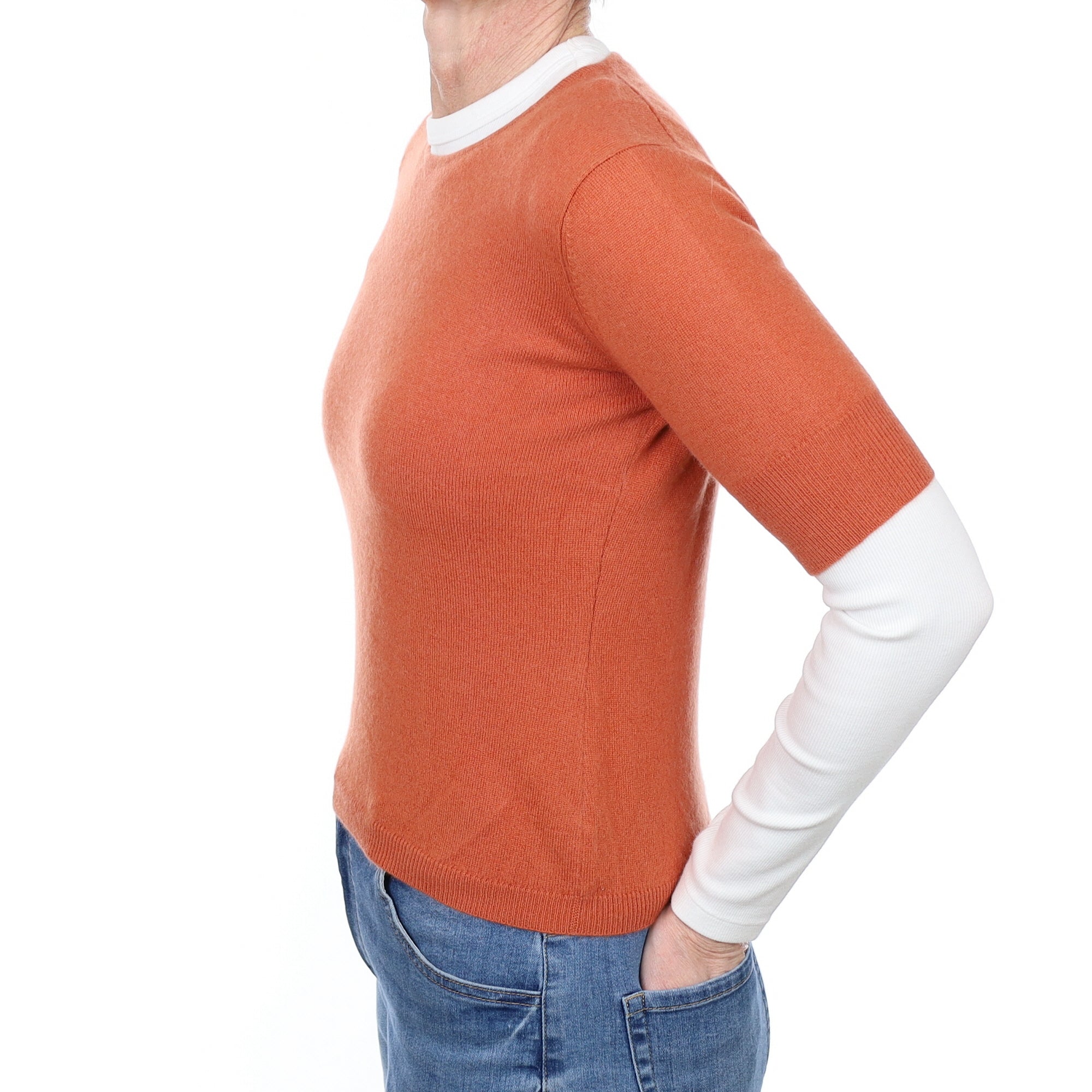 Terracotta Orange Cashmere Short Sleeved Crew Neck Jumper Small