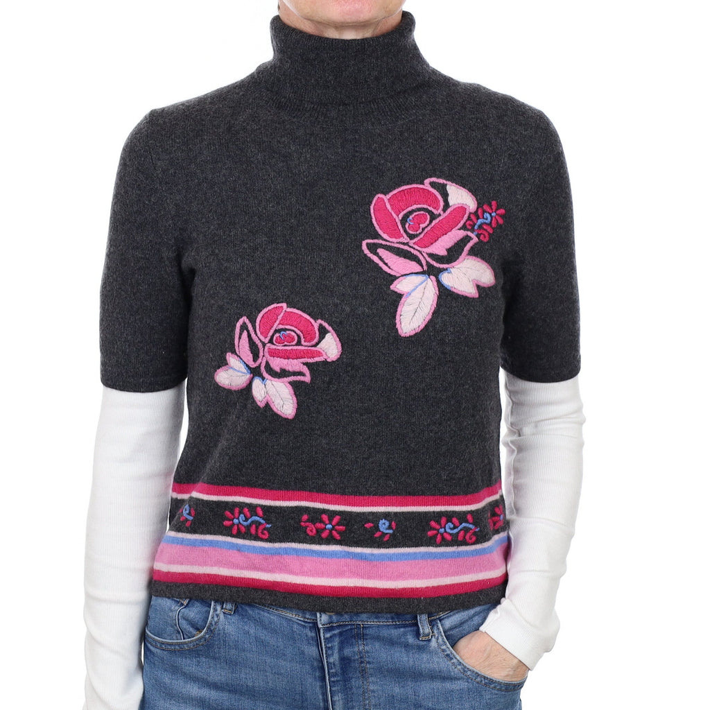 Charcoal Grey Embroidered Cashmere Short Sleeved Polo Neck Jumper  Small