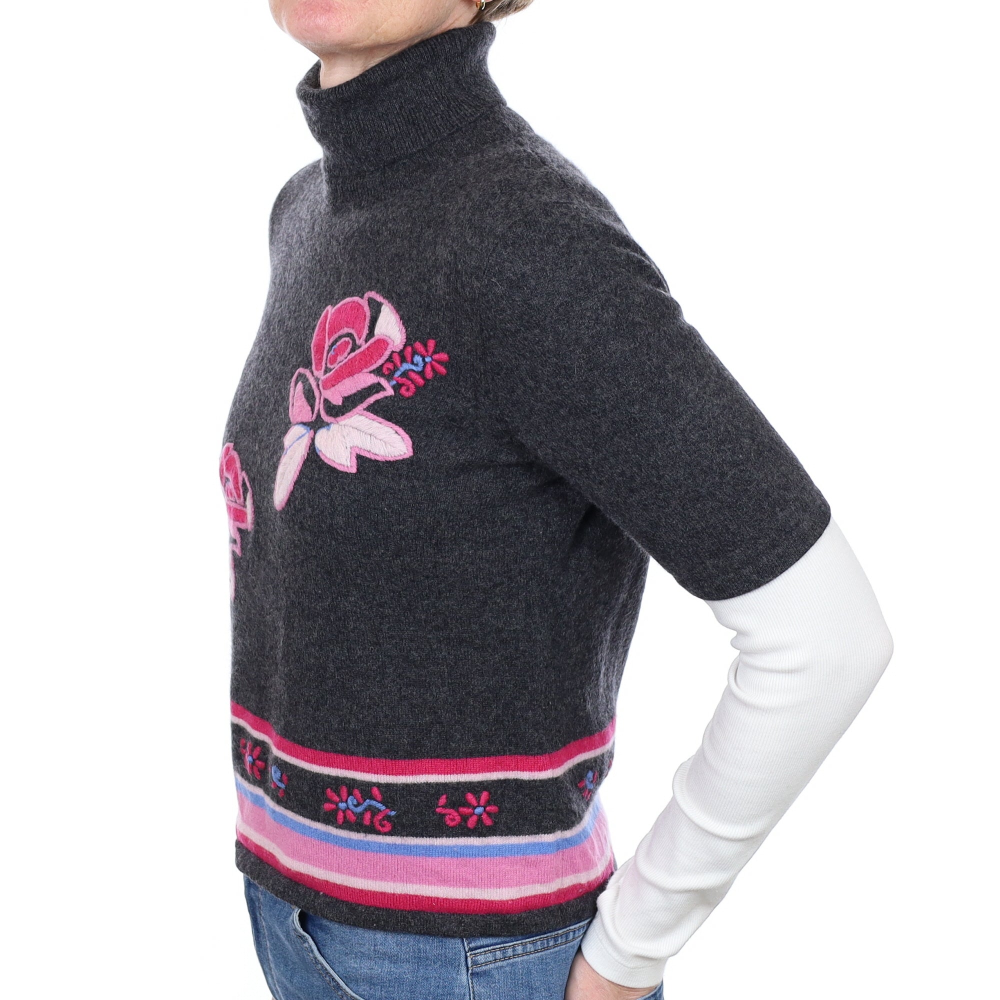 Charcoal Grey Embroidered Cashmere Short Sleeved Polo Neck Jumper  Small
