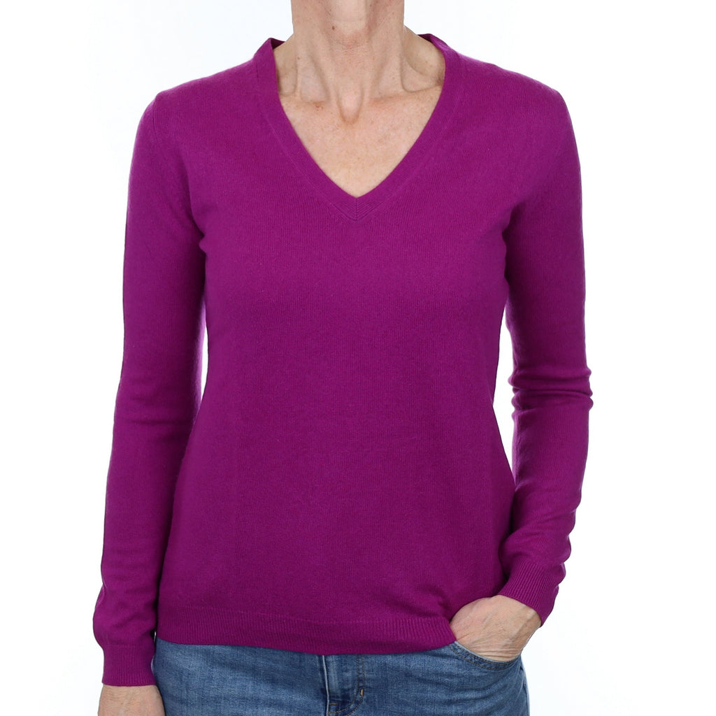 Magenta Purple Cashmere V Neck Jumper Small