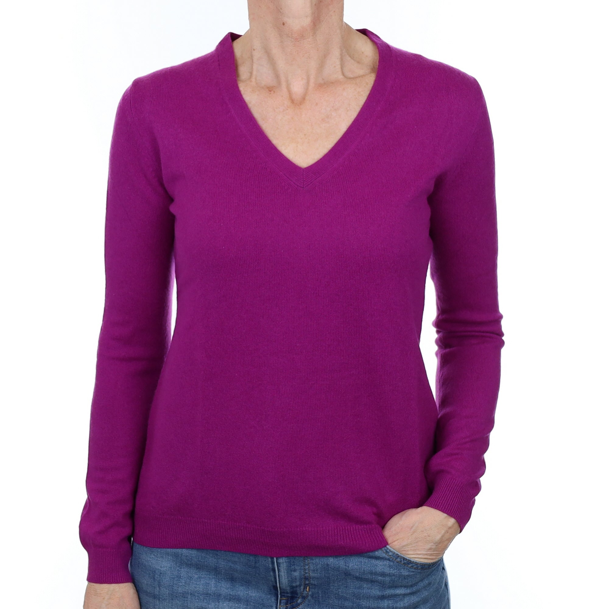 Magenta Purple Cashmere V Neck Jumper Small