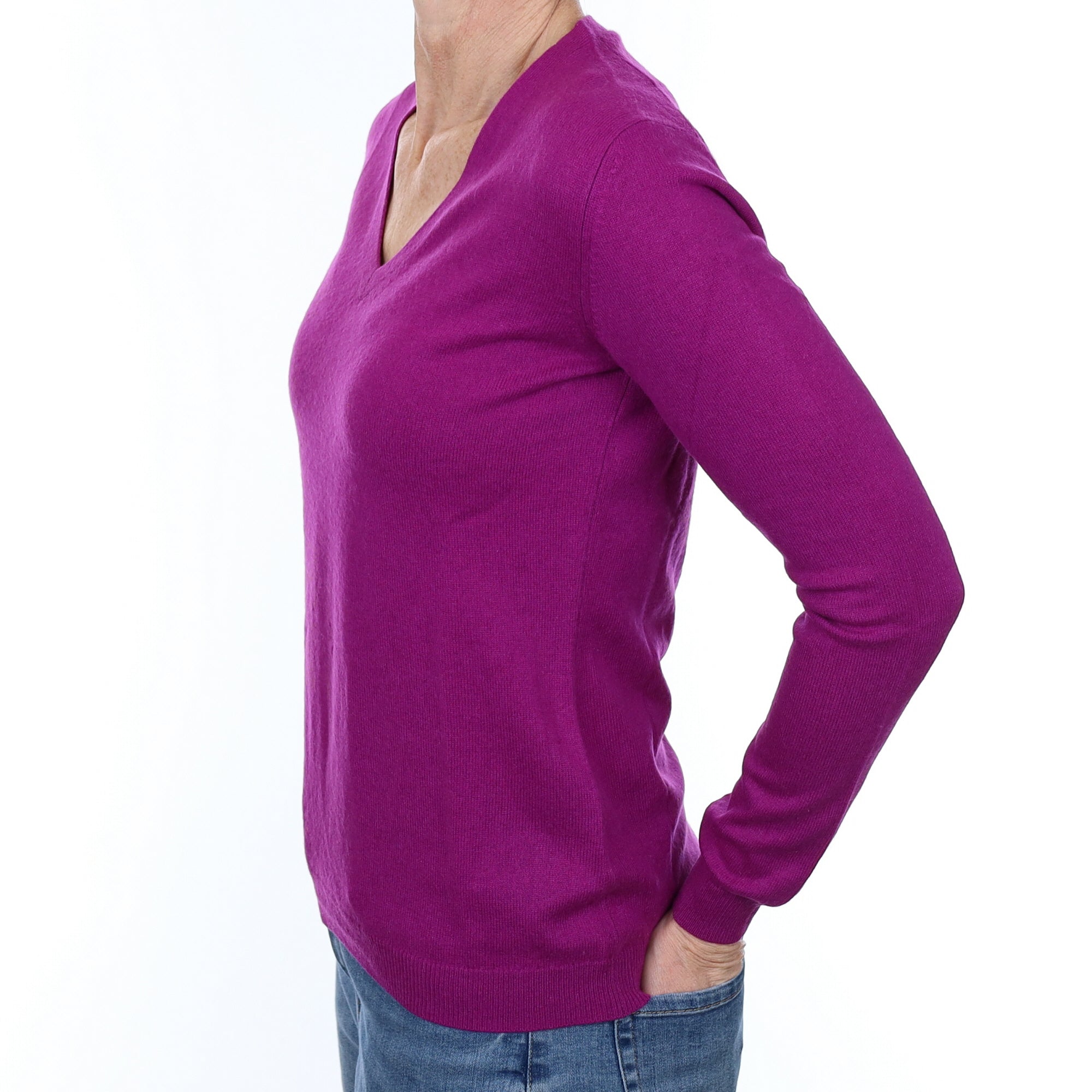 Magenta Purple Cashmere V Neck Jumper Small