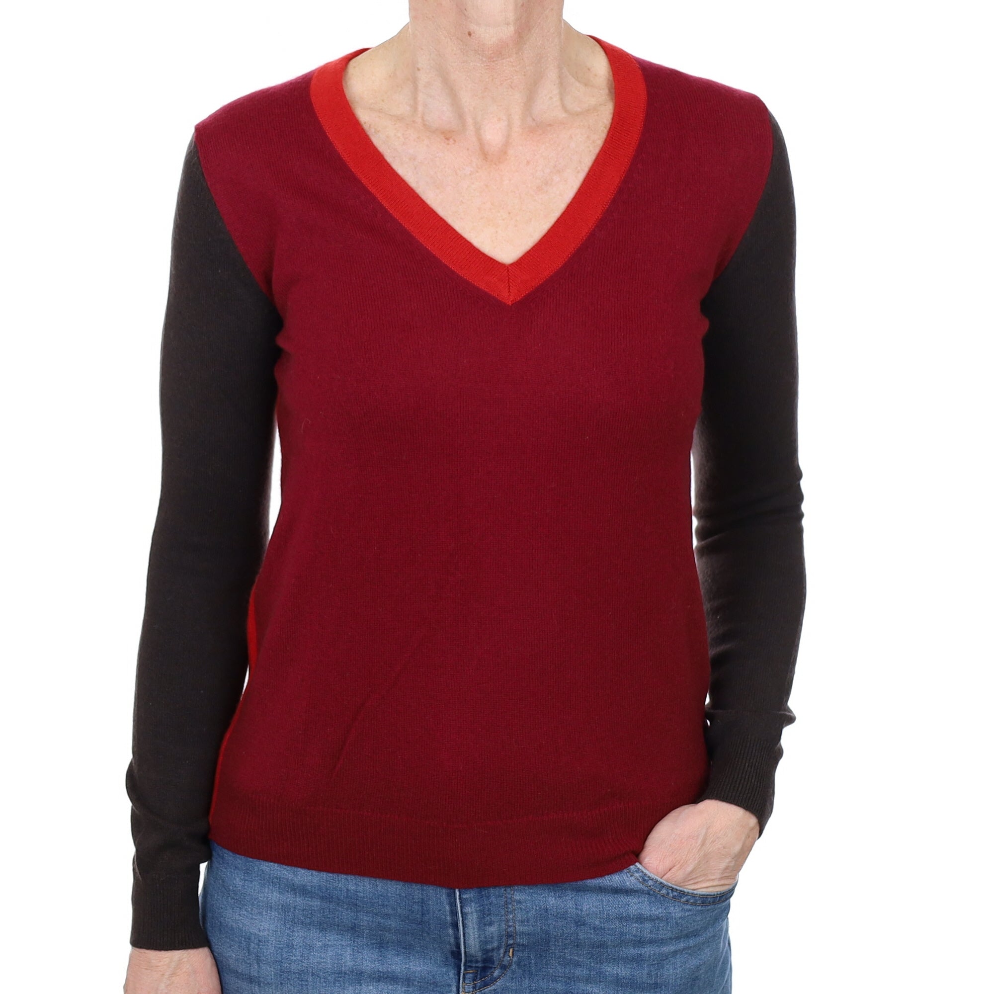 Red and Brown Colour Block Cashmere V Neck Jumper Small