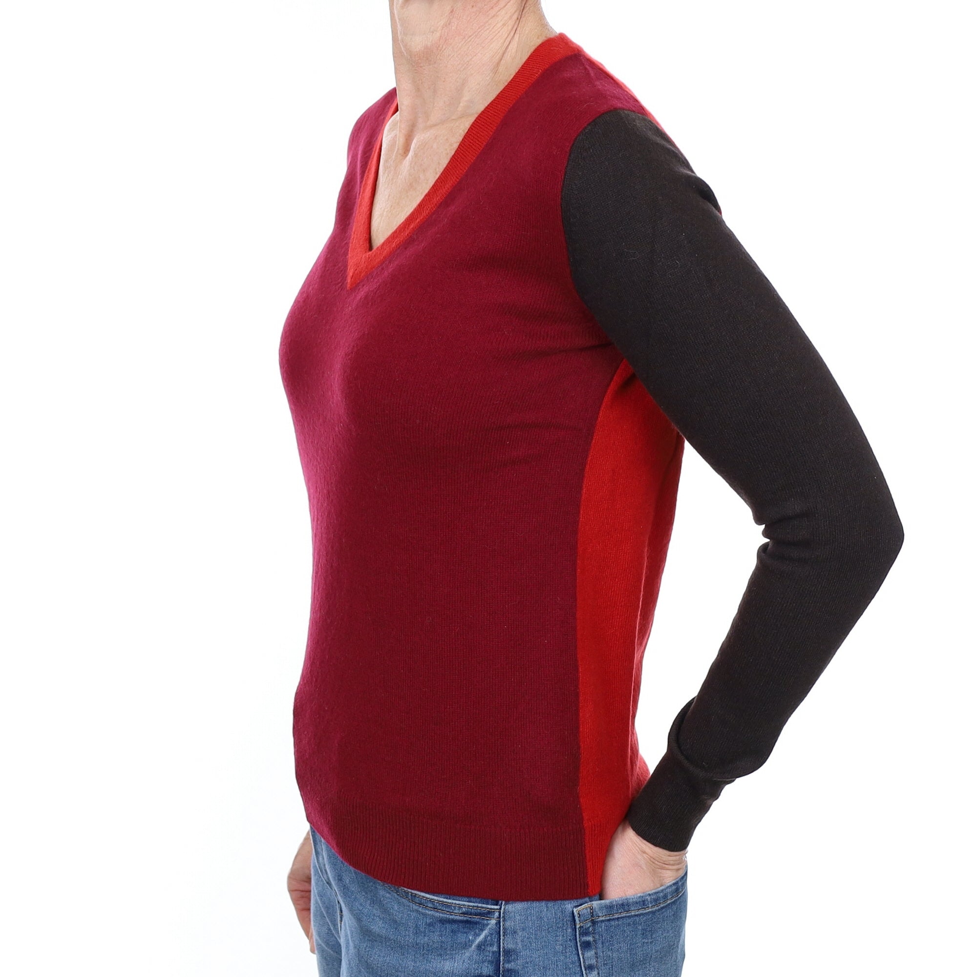 Red and Brown Colour Block Cashmere V Neck Jumper Small