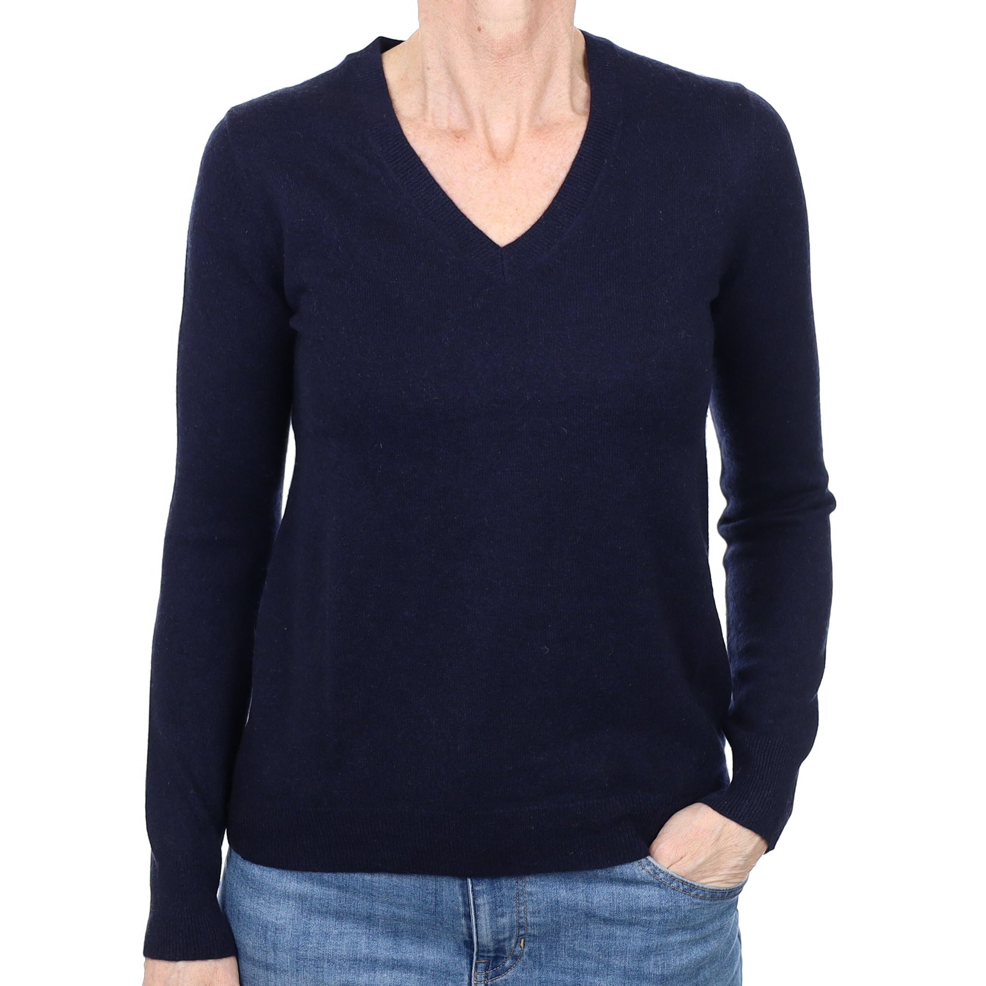 Navy Blue Cashmere V Neck Jumper Small