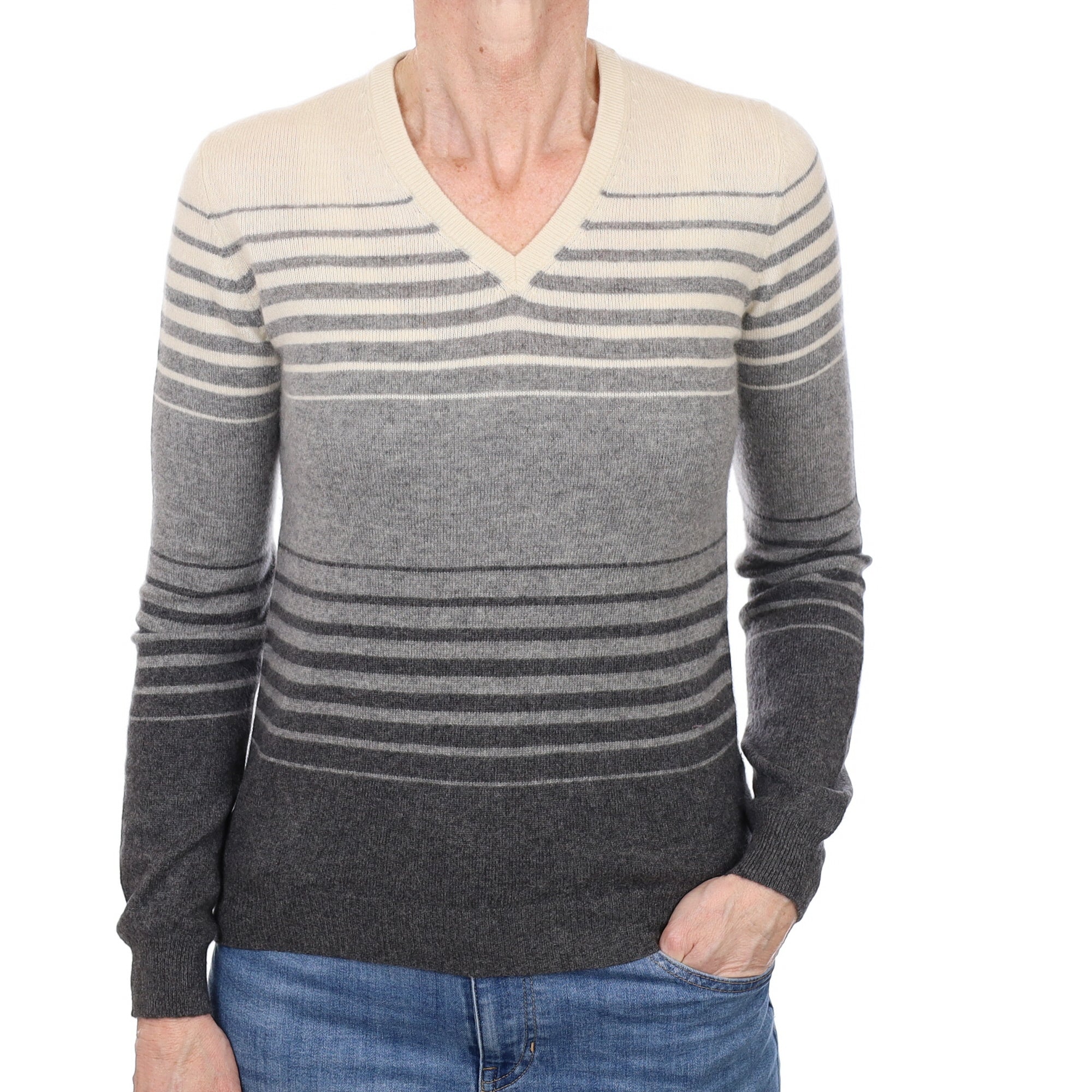 Grey and Cream Striped Cashmere V Neck Jumper Small