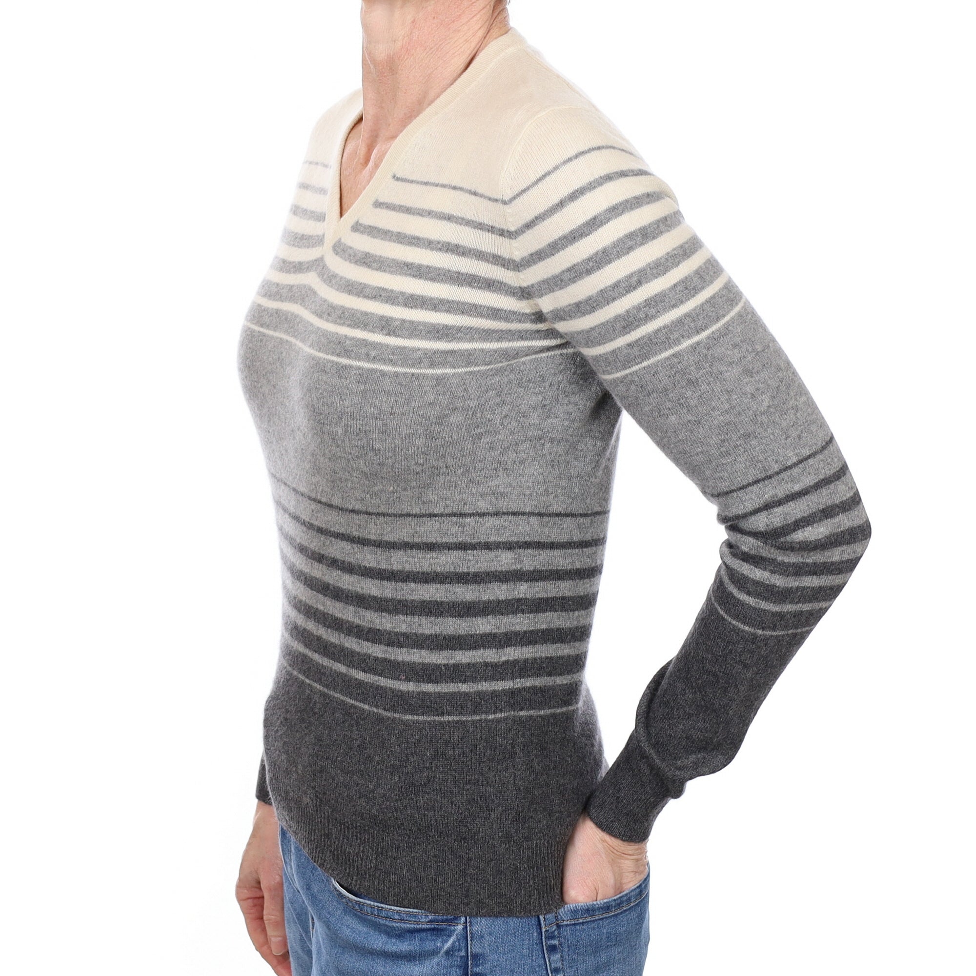 Grey and Cream Striped Cashmere V Neck Jumper Small