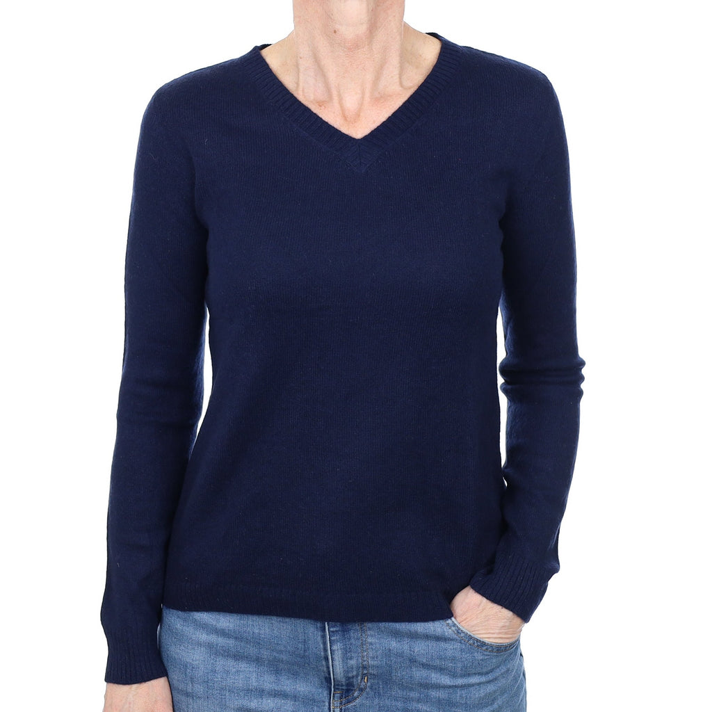 Navy Blue Cashmere V Neck Jumper Small