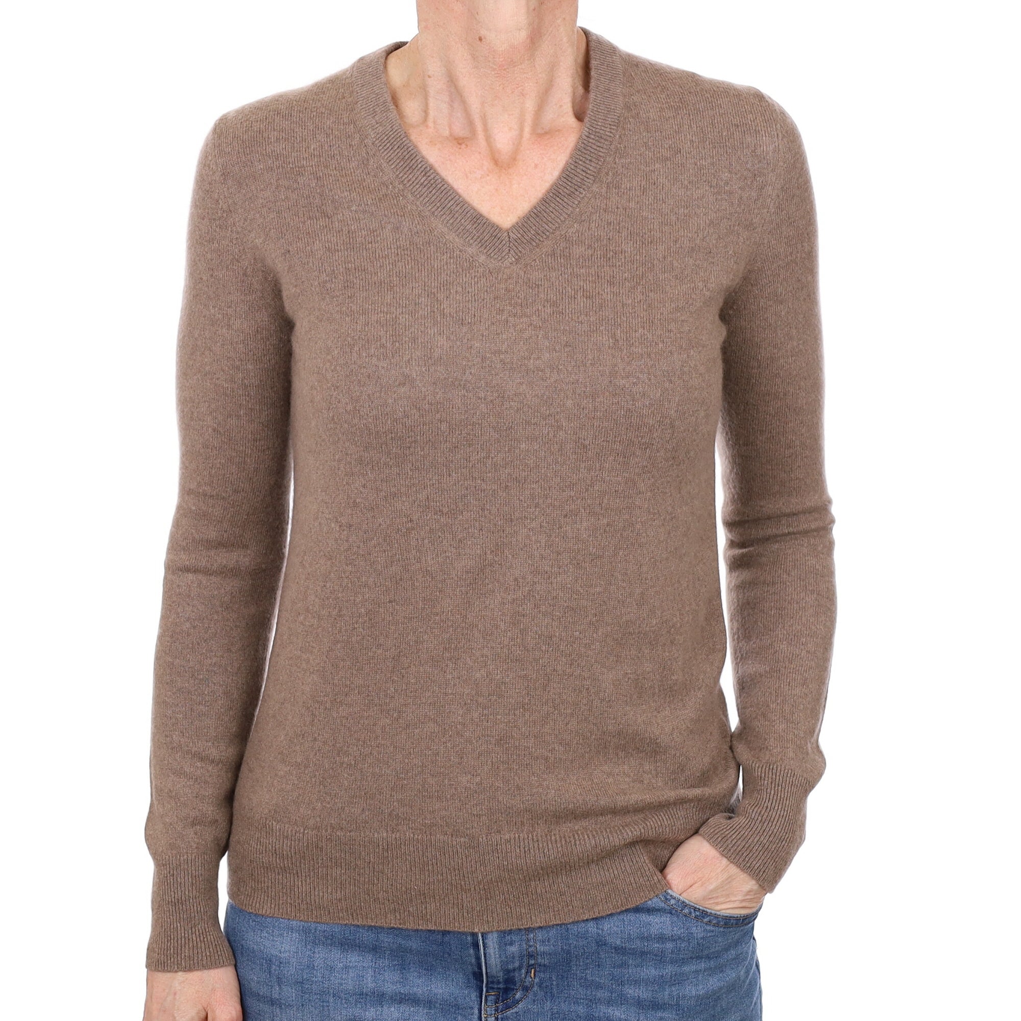 Mocha Brown Cashmere V Neck Jumper Small