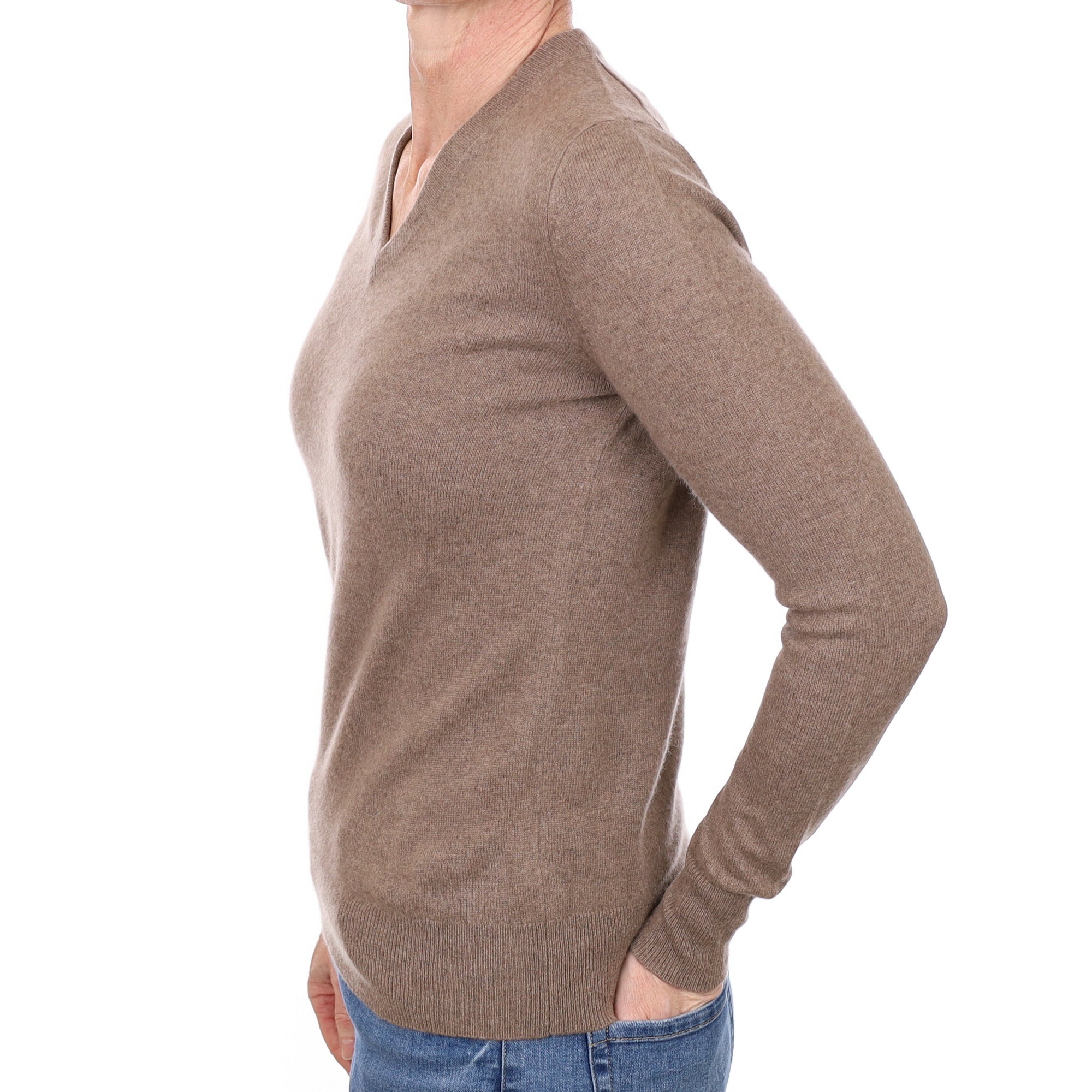 Mocha Brown Cashmere V Neck Jumper Small