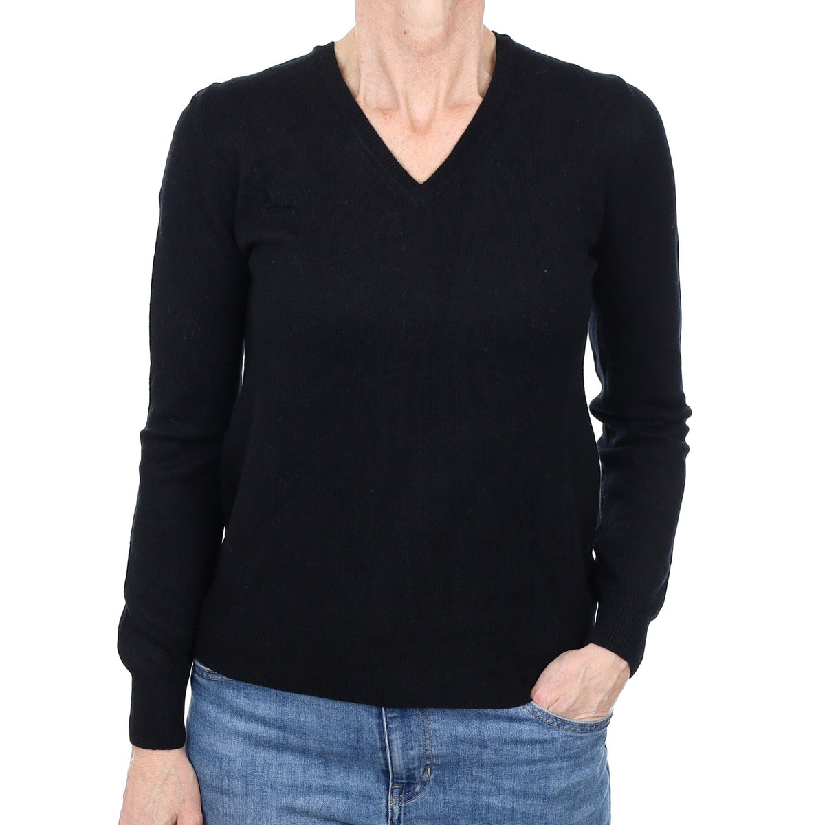 Black Cashmere V Neck Lightweight Jumper Small