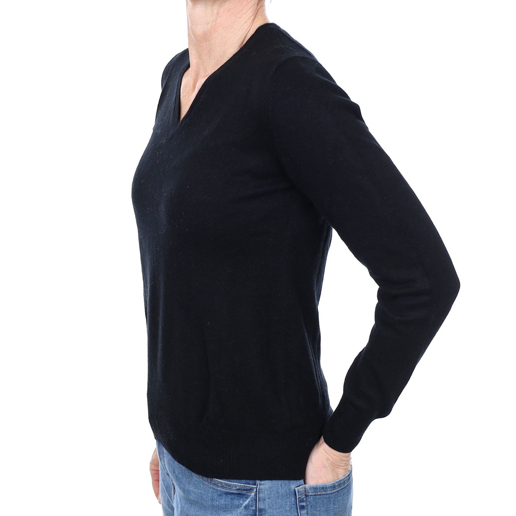 Black Cashmere V Neck Lightweight Jumper Small