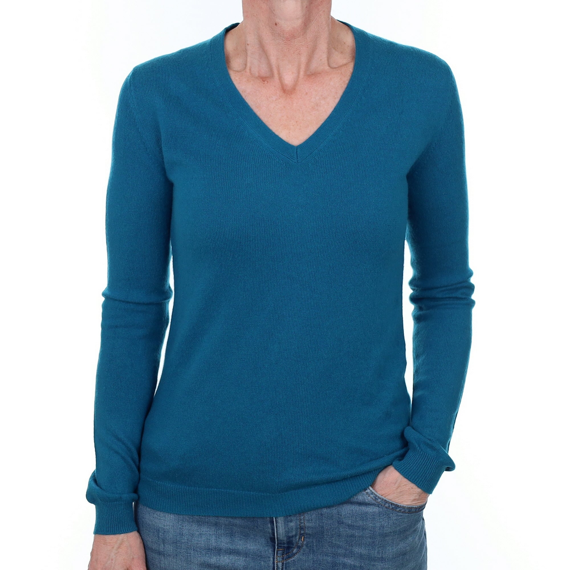 Teal Blue Cashmere V Neck Jumper Small