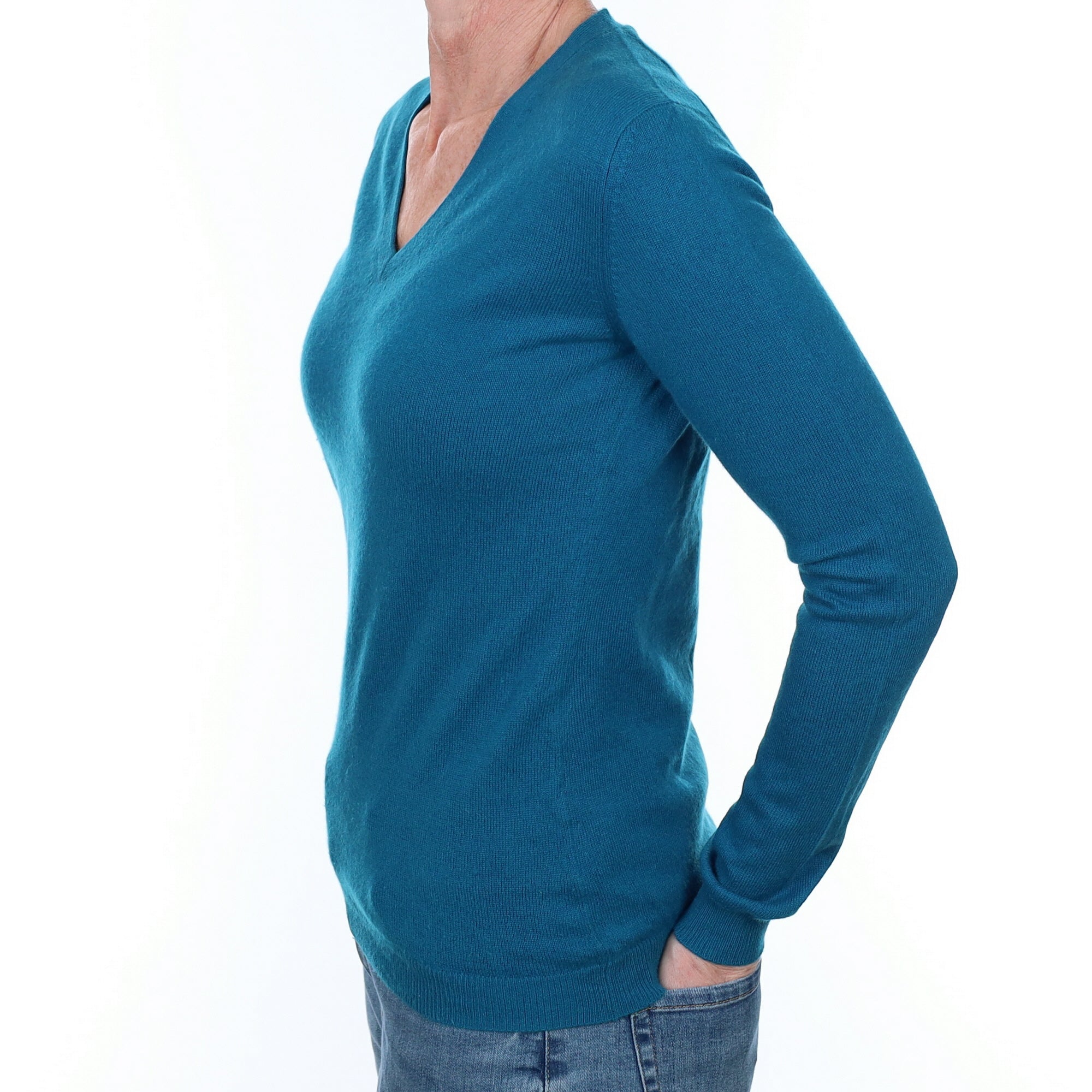 Teal Blue Cashmere V Neck Jumper Small
