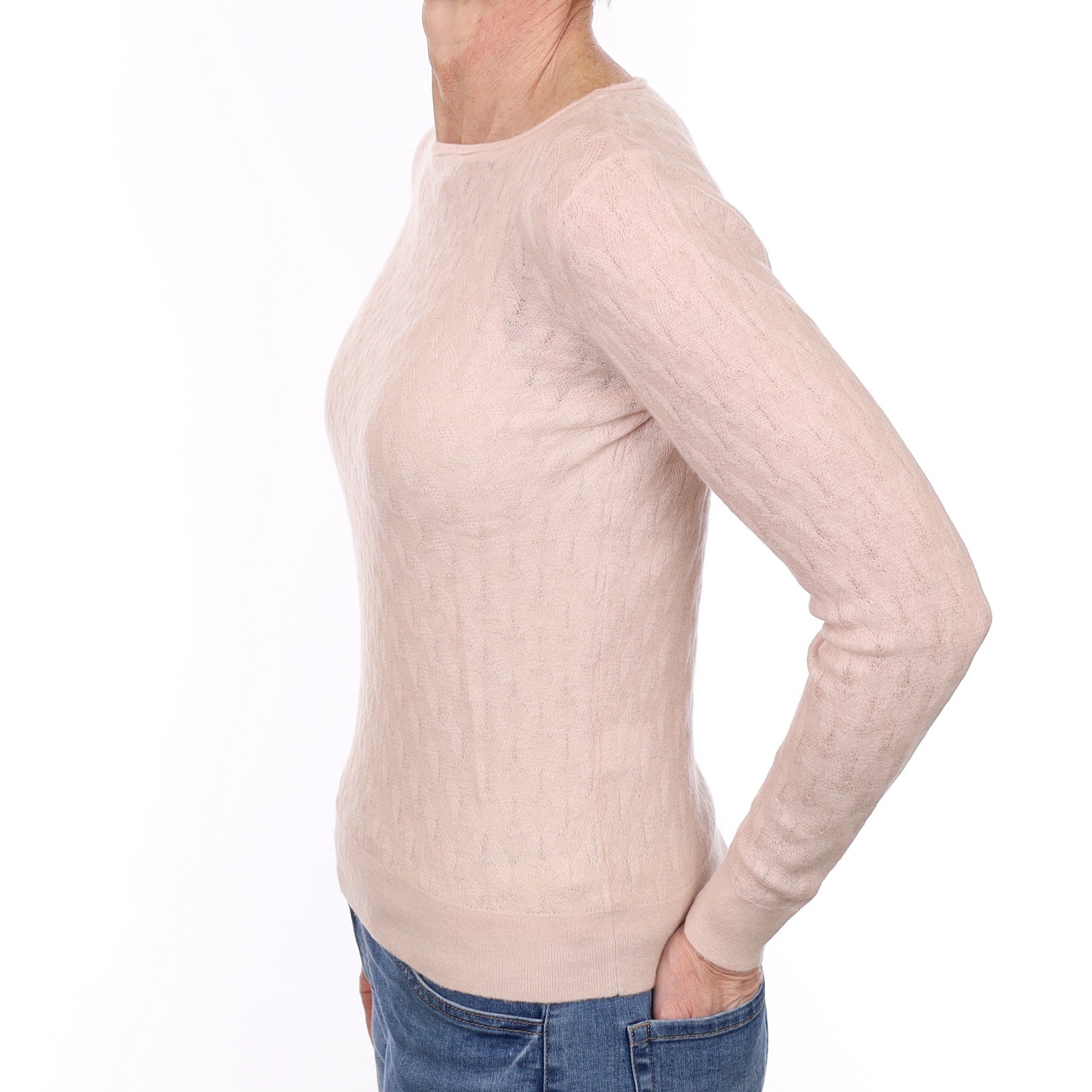 Ice Pink Cashmere Textured Fine knit Crew Neck Jumper Small