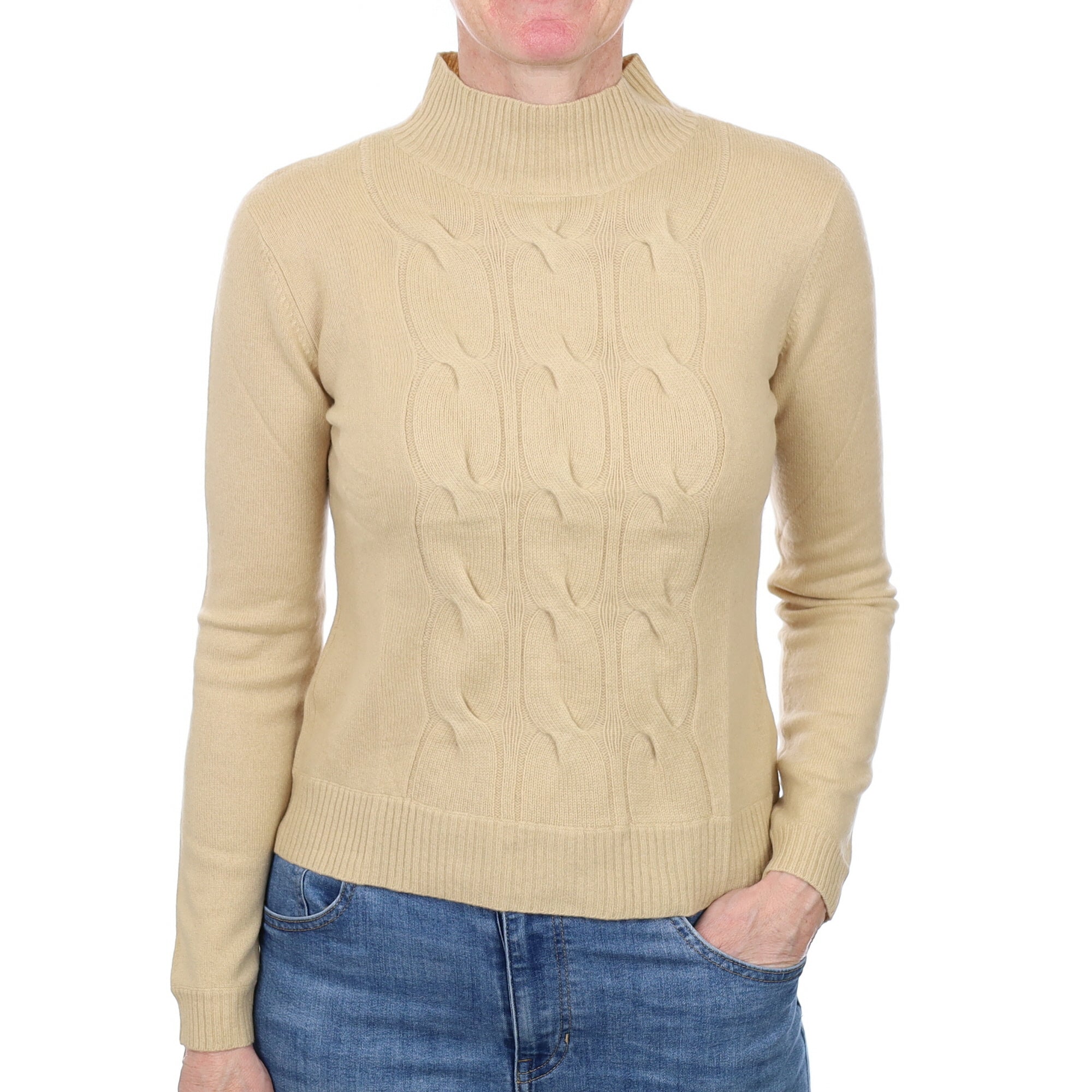 Caramel Beige Cashmere Cable Turtle Neck Jumper Small