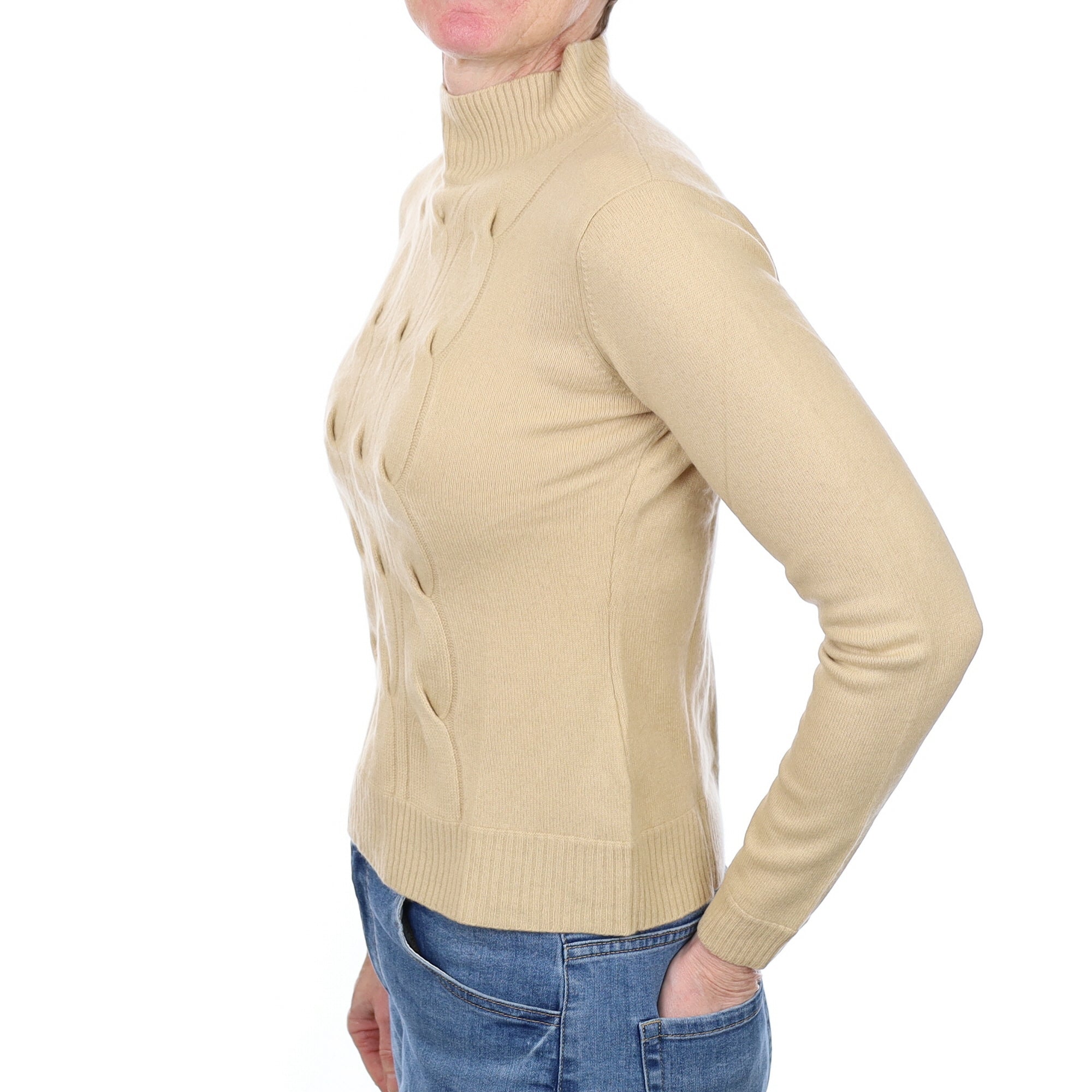 Caramel Beige Cashmere Cable Turtle Neck Jumper Small