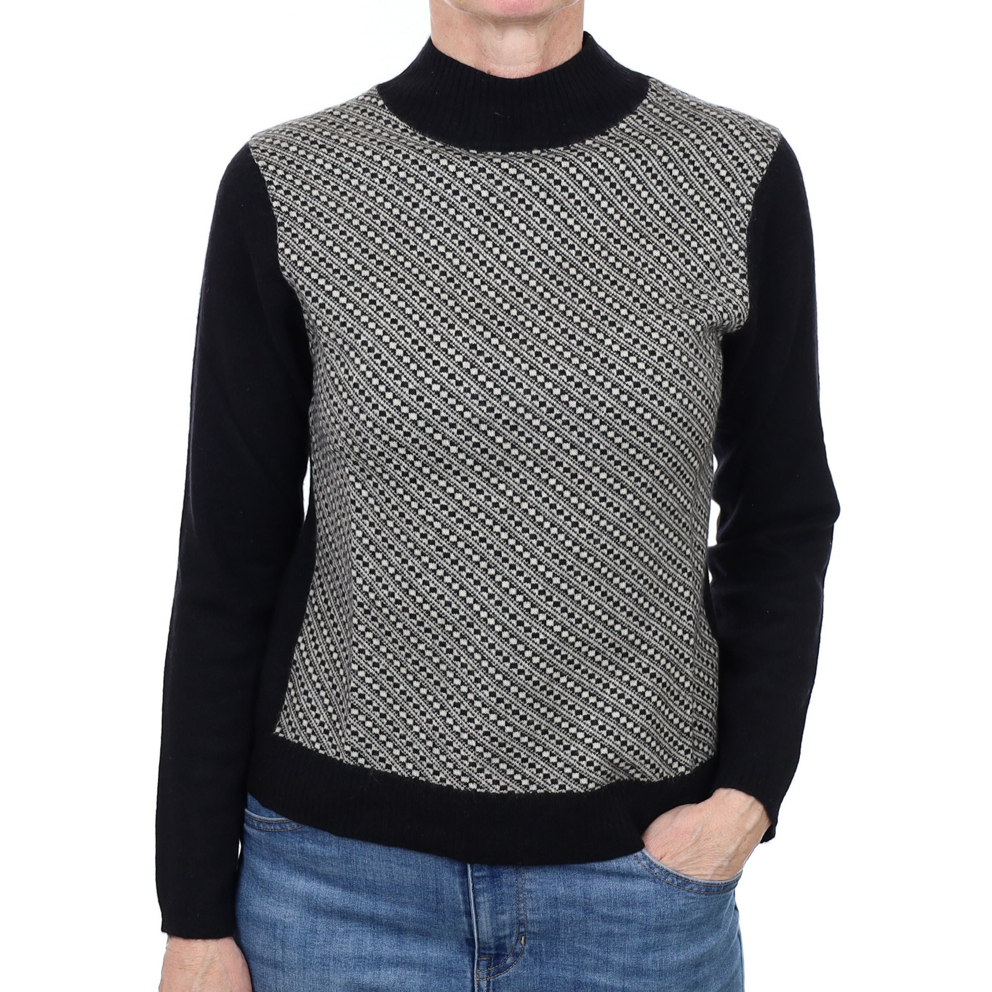 Black Patterned Cashmere Turtle Neck Jumper Small