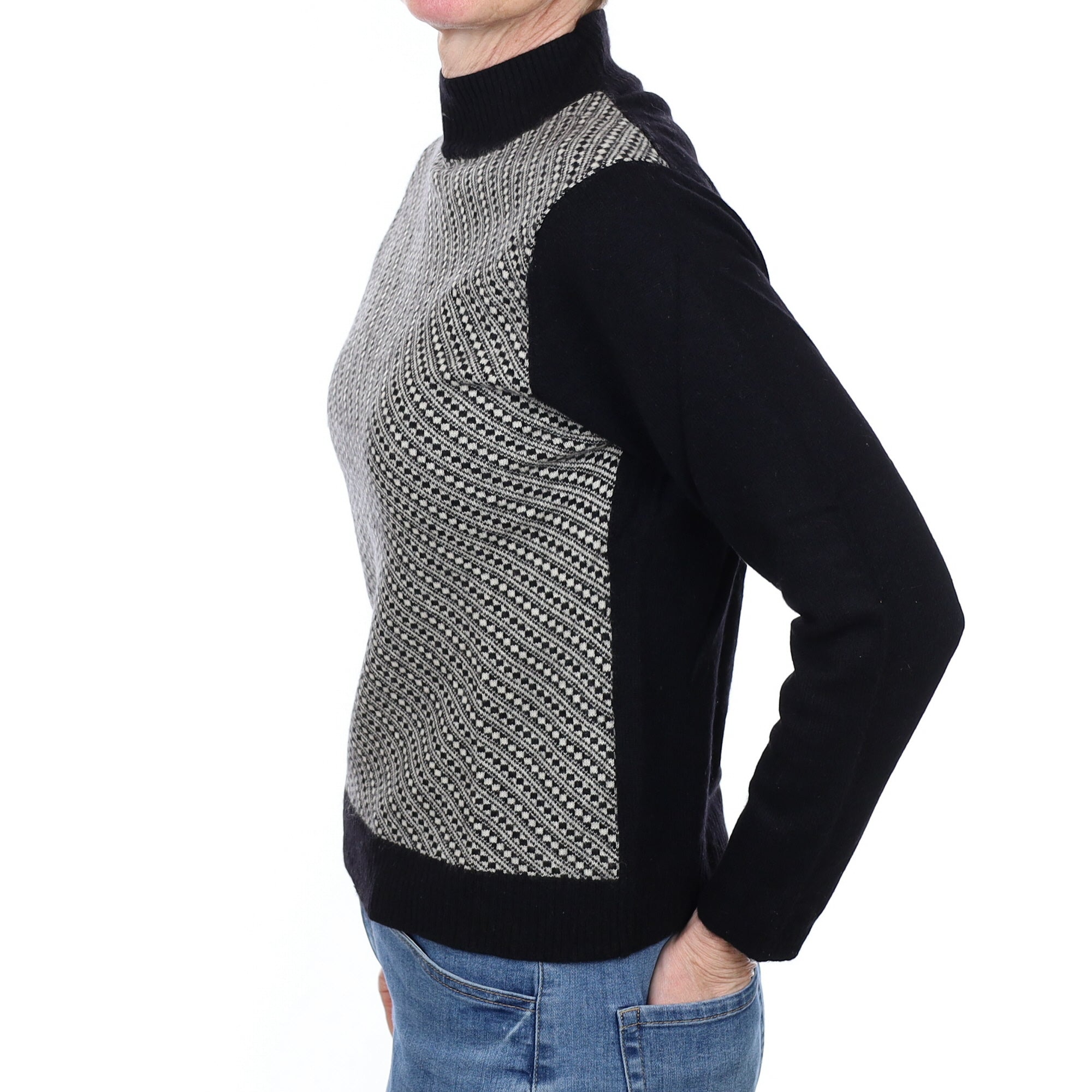 Black Patterned Cashmere Turtle Neck Jumper Small