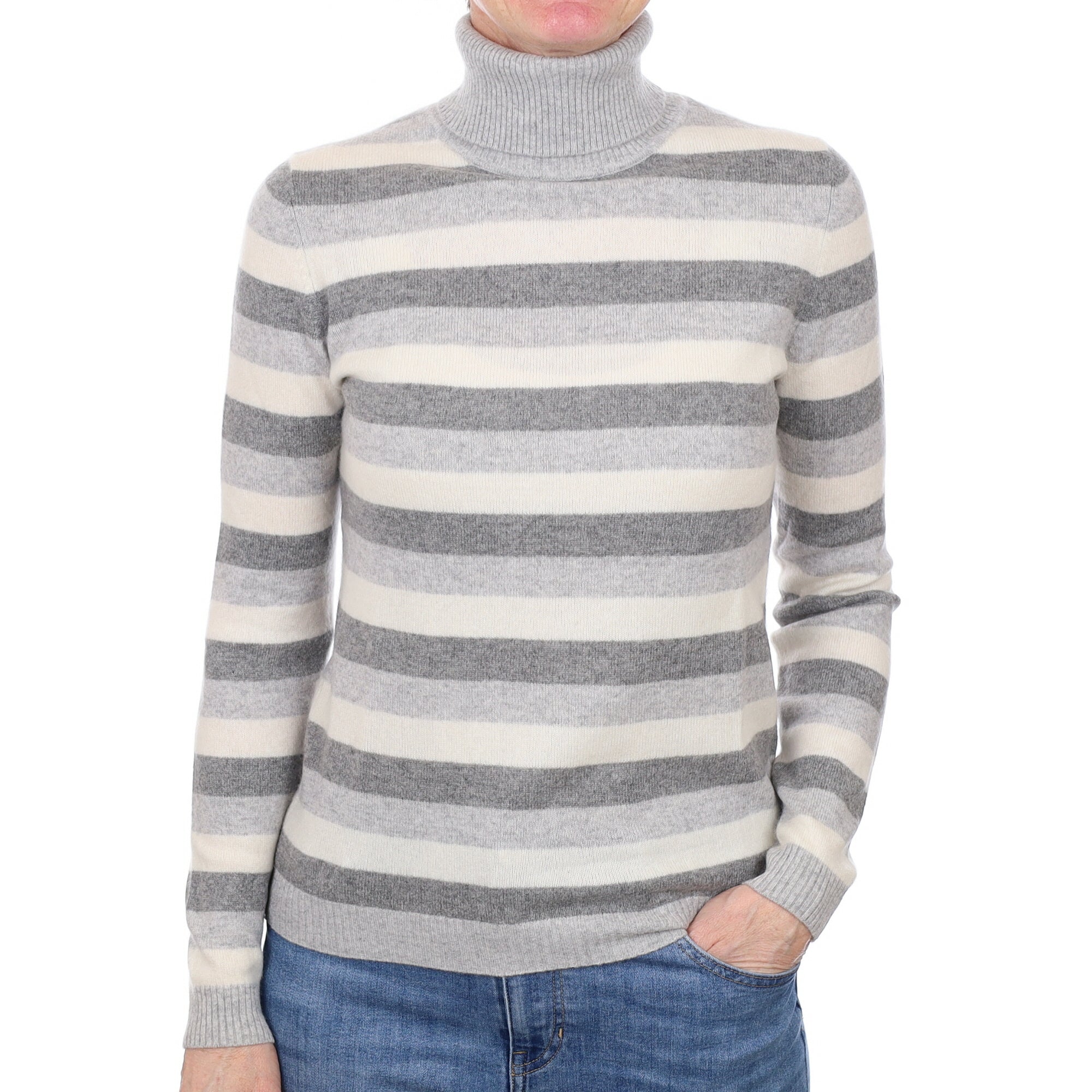 Grey Striped Cashmere Polo Neck Jumper Small