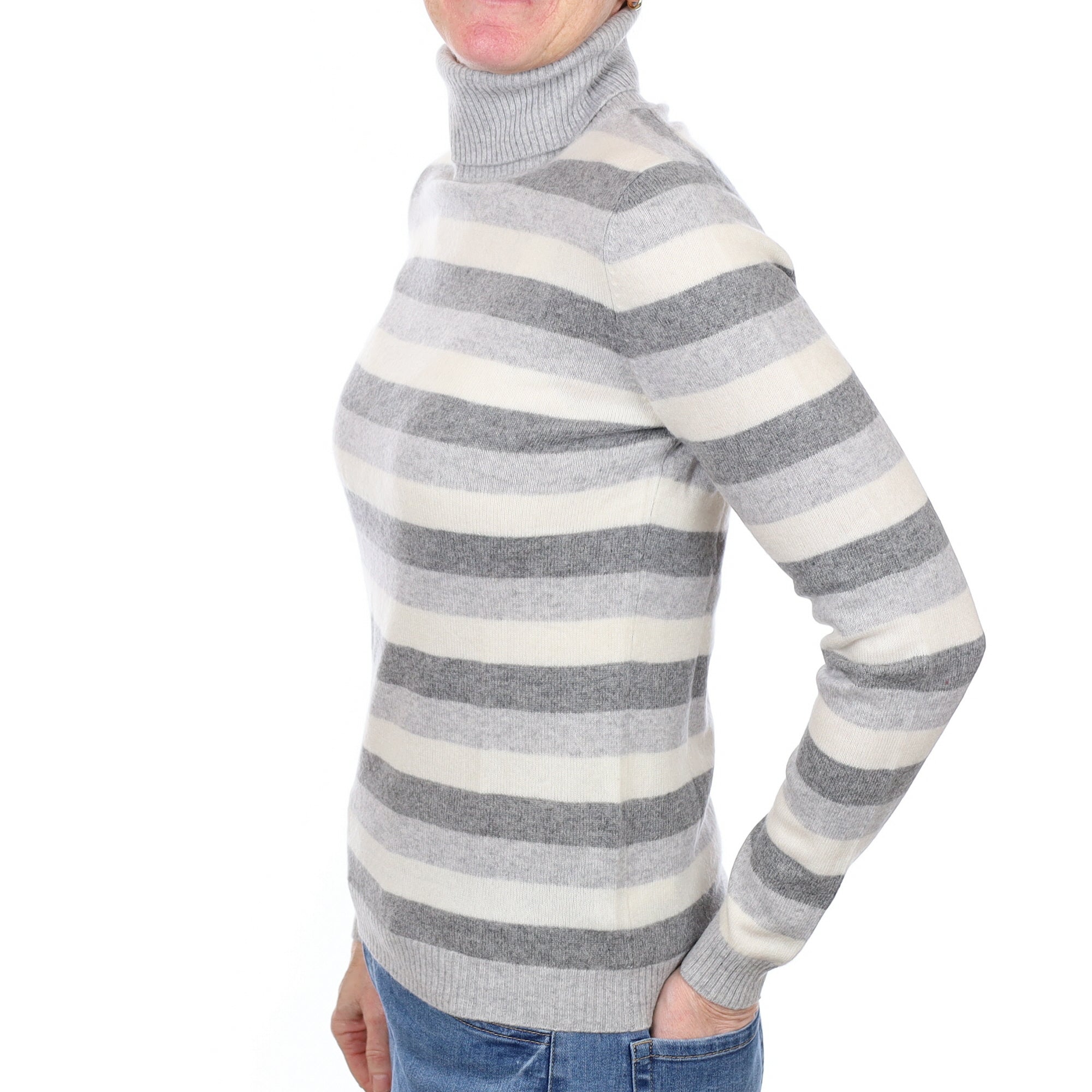 Grey Striped Cashmere Polo Neck Jumper Small
