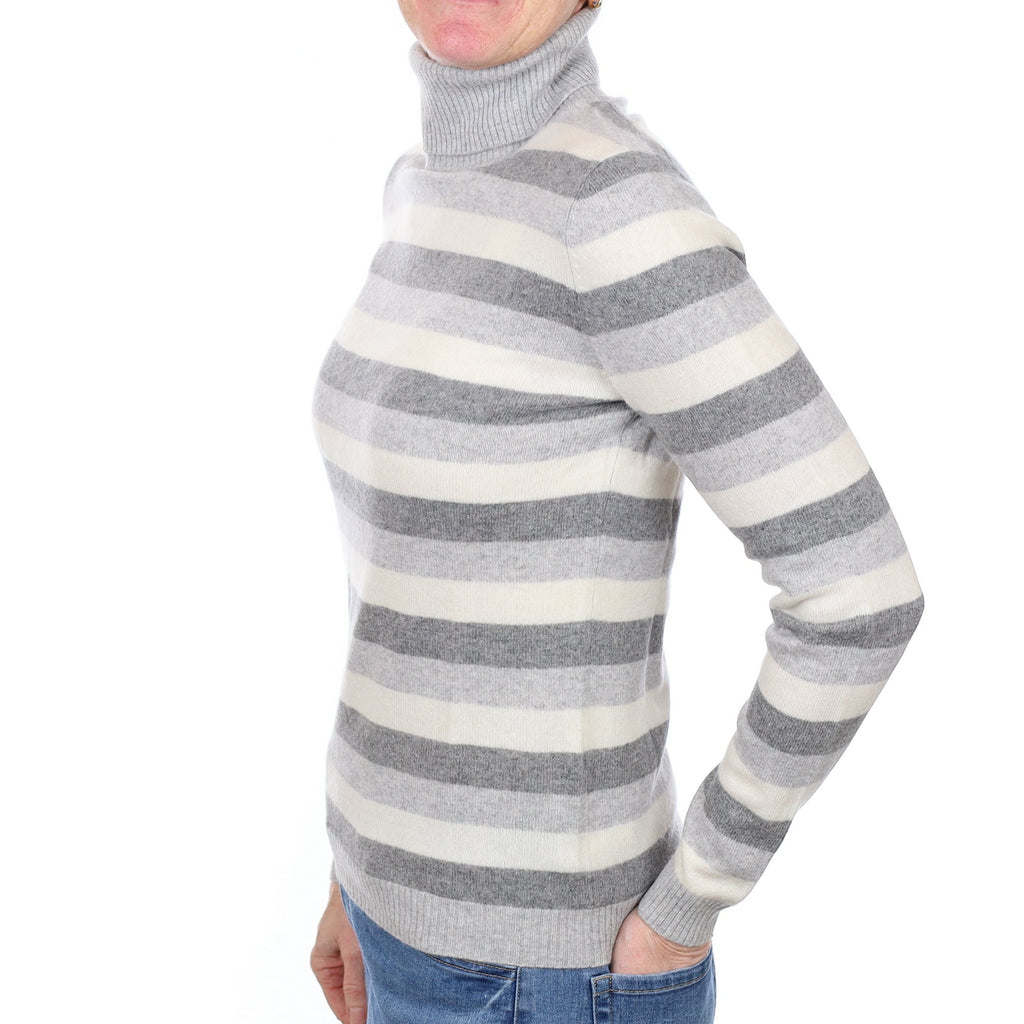 Grey Striped Cashmere Polo Neck Jumper Small