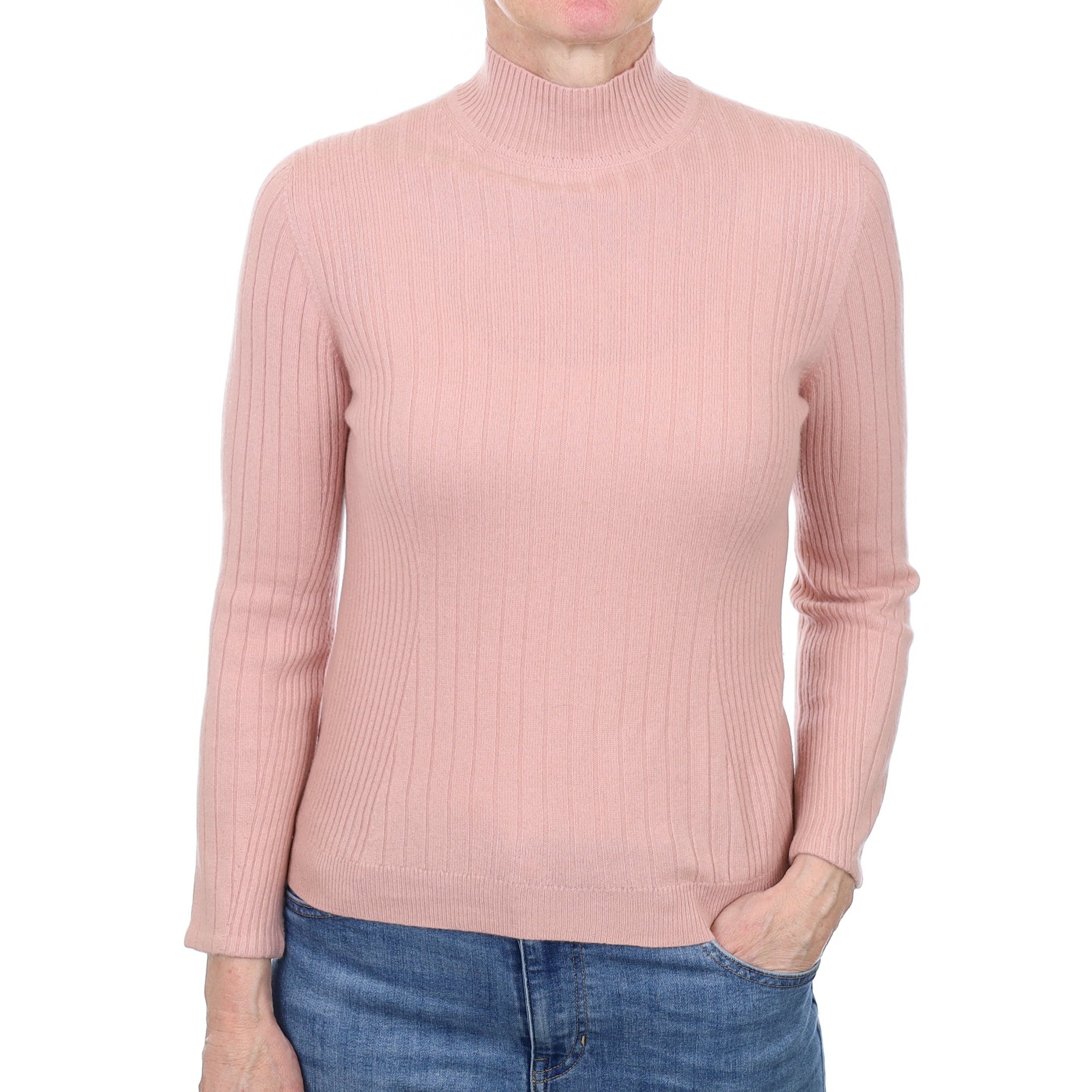 Hazy Pink Ribbed Cashmere Turtle Neck Jumper Small