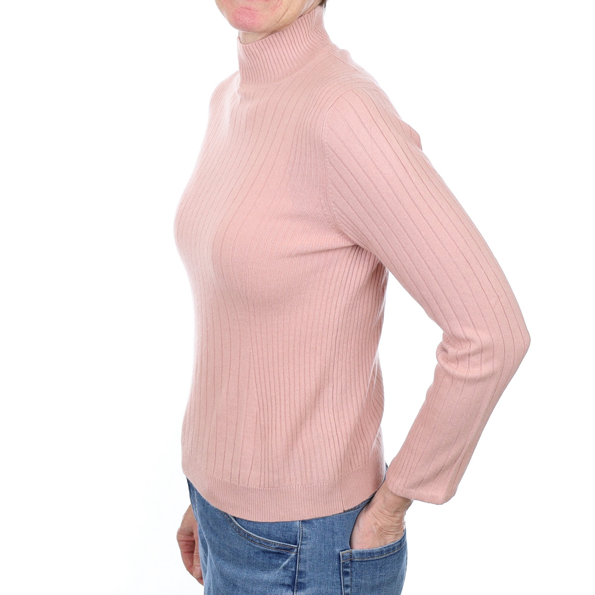 Hazy Pink Ribbed Cashmere Turtle Neck Jumper Small