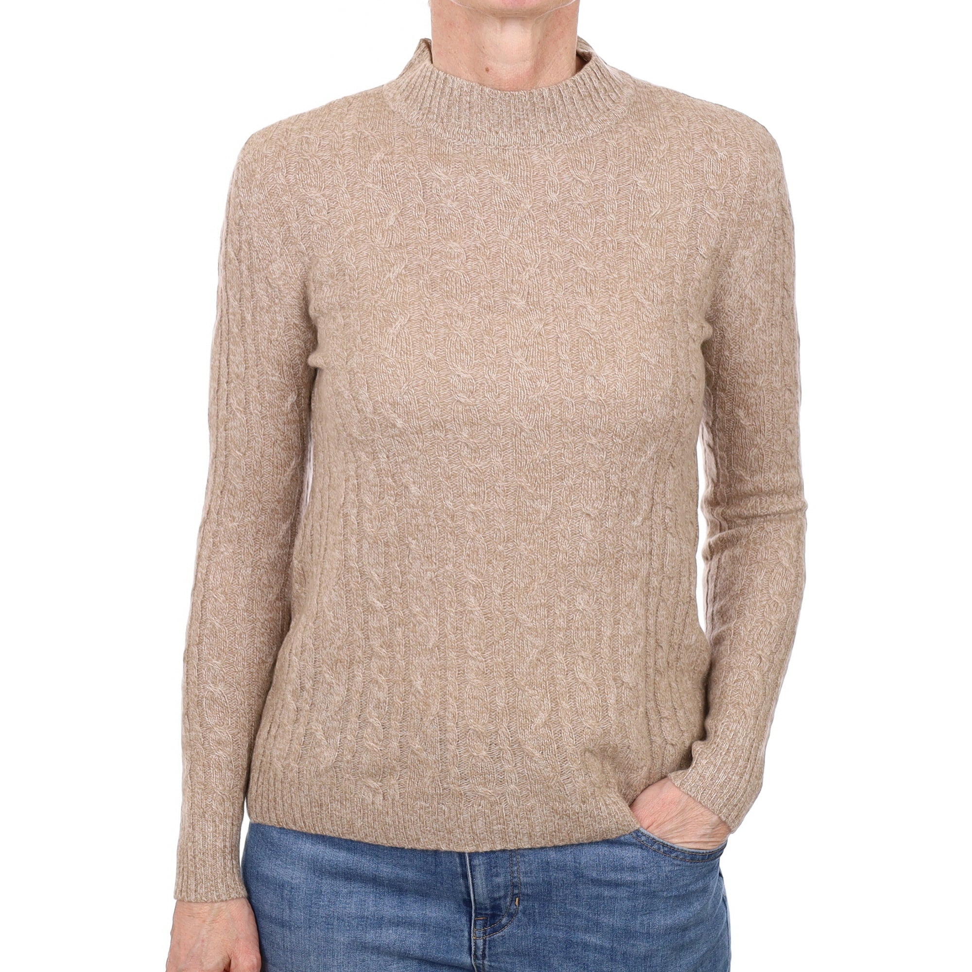 Biscuit Marl Cashmere Cable Turtle Neck Jumper Small
