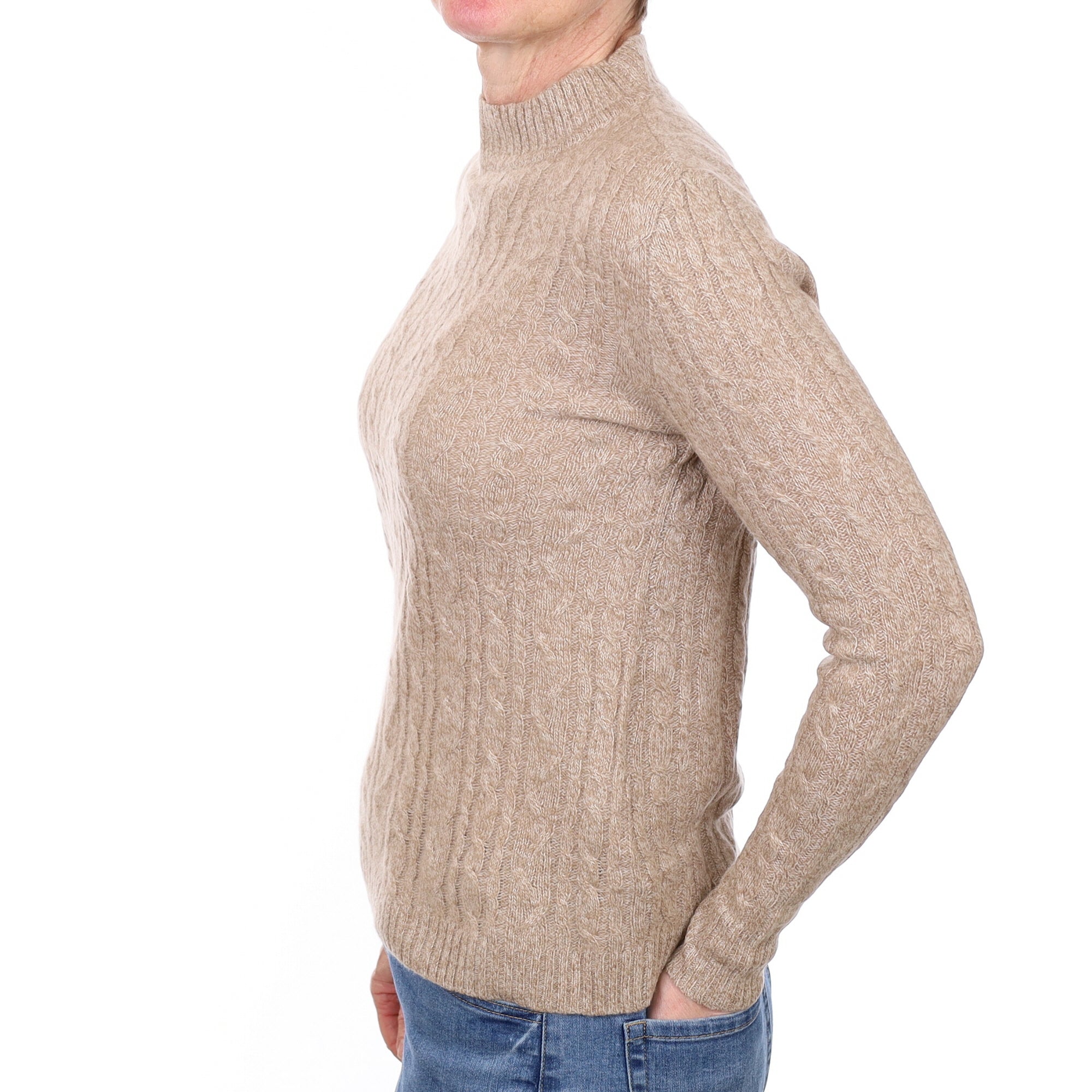 Biscuit Marl Cashmere Cable Turtle Neck Jumper Small