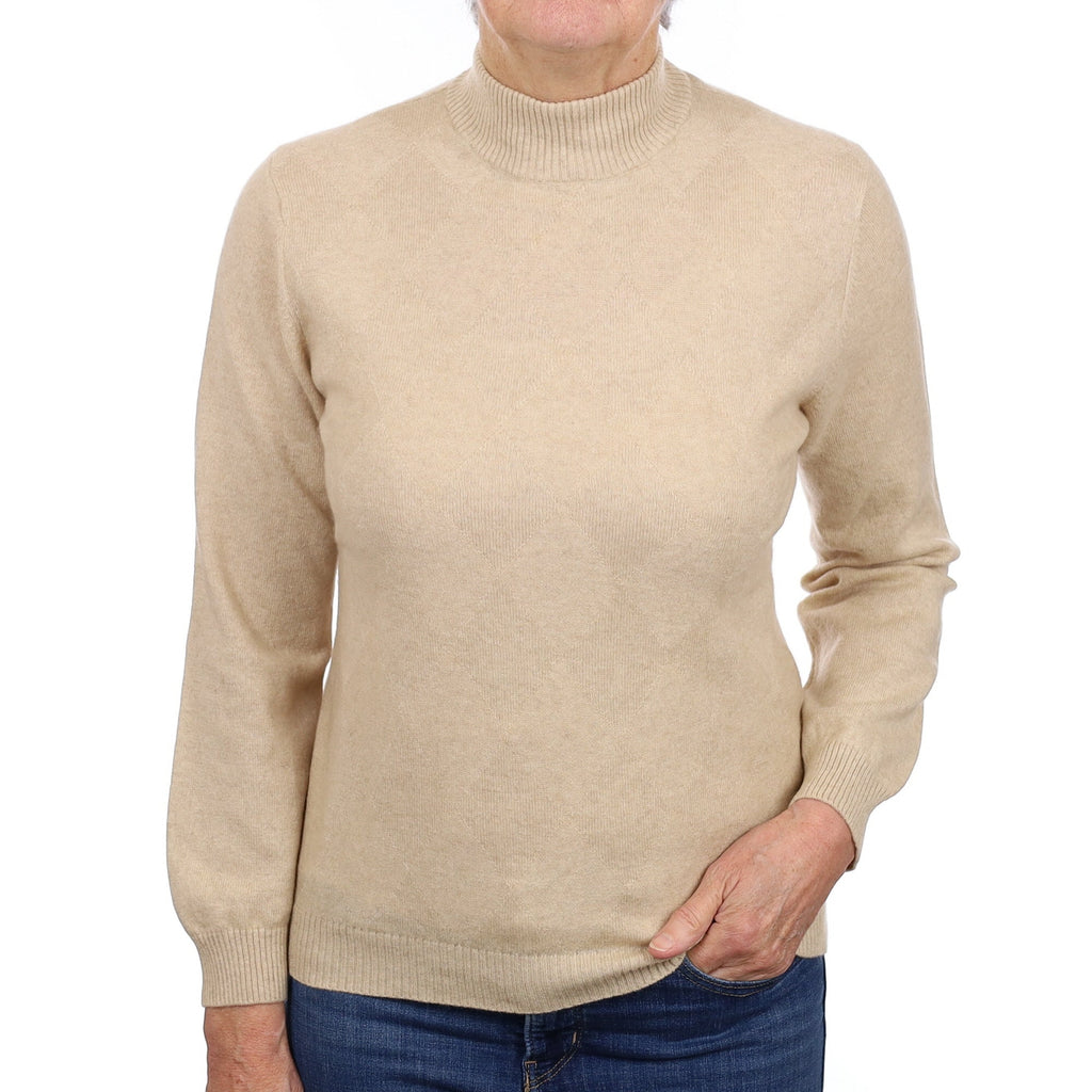 Sand Beige Diamond Patterned Cashmere Turtle Neck Jumper Medium