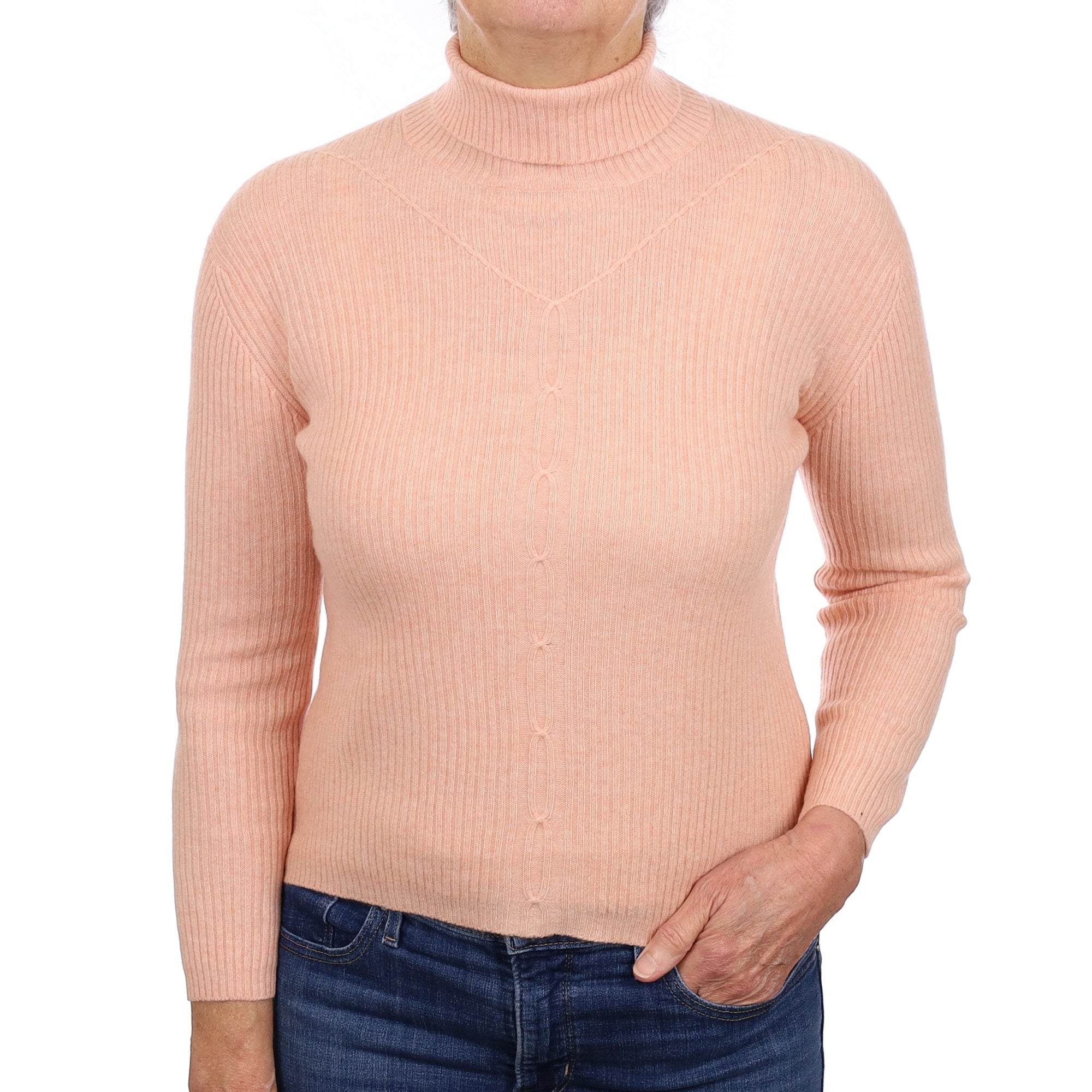Orange Soda Ribbed Cashmere Polo Neck Jumper With Pattern Down the Centre Medium