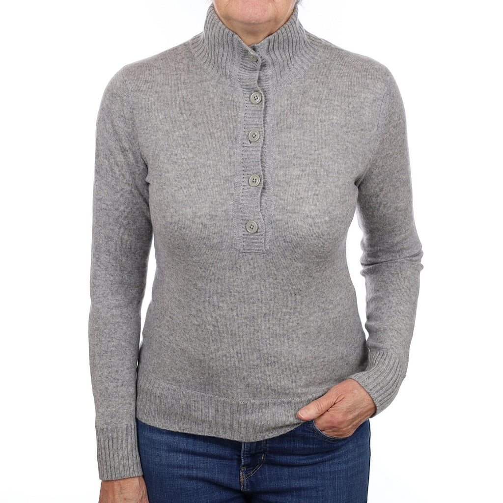 Smoke Grey Button Detail Cashmere Polo Neck Jumper Medium