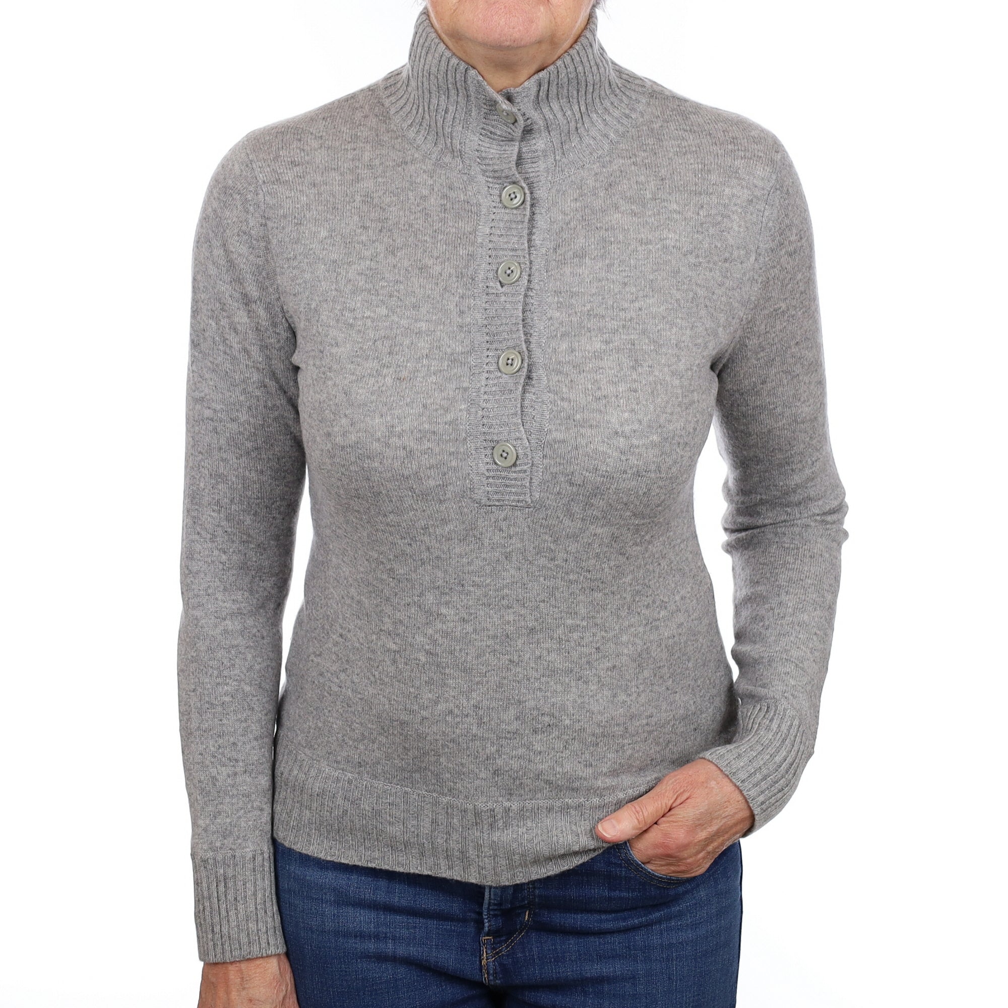 Smoke Grey Button Detail Cashmere Polo Neck Jumper Medium