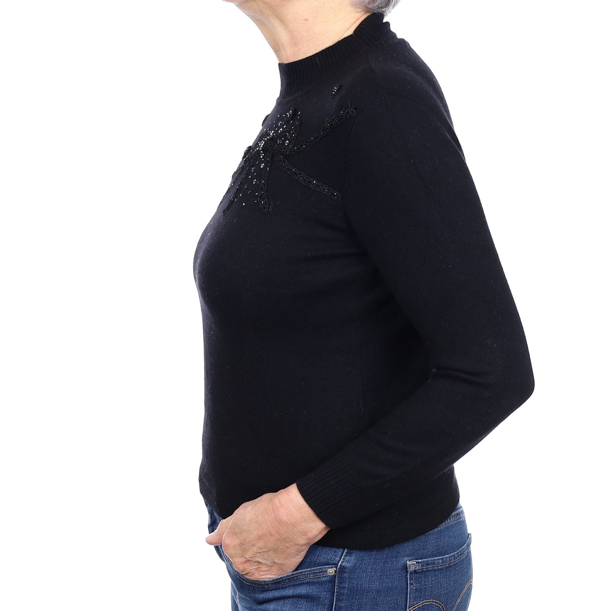 Black Cashmere Embellished Bow Turtleneck Jumper Medium