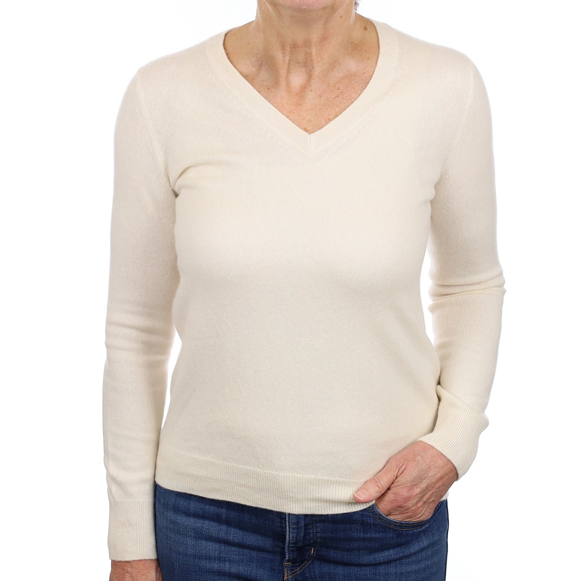 Vanilla Cream Cashmere V Neck Jumper Medium