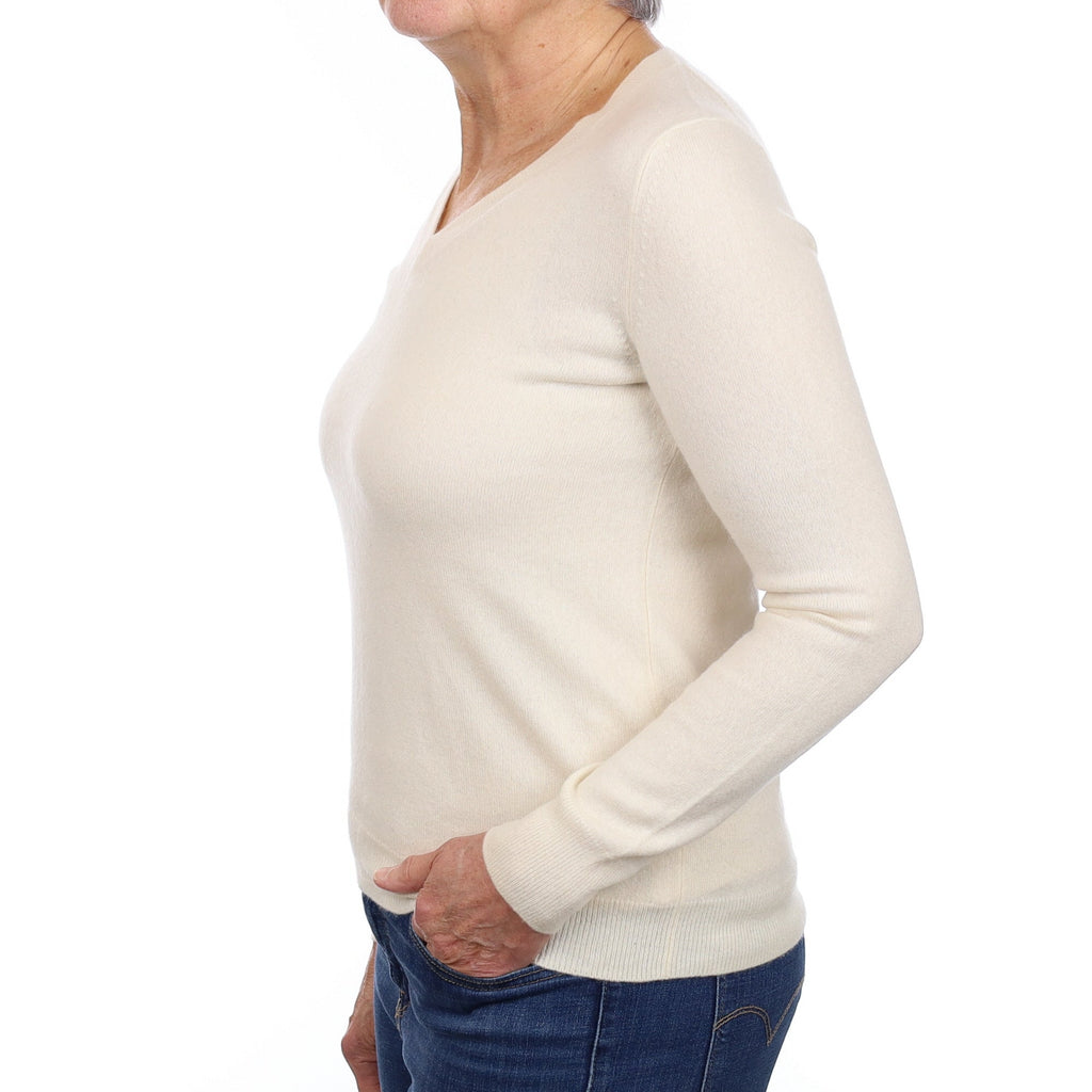 Vanilla Cream Cashmere V Neck Jumper Medium