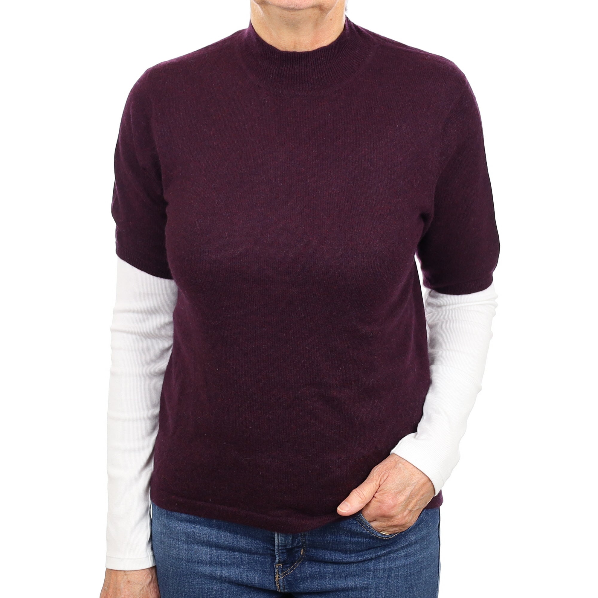 Aubergine Purple Cashmere Short Sleeve Turtleneck Jumper Medium