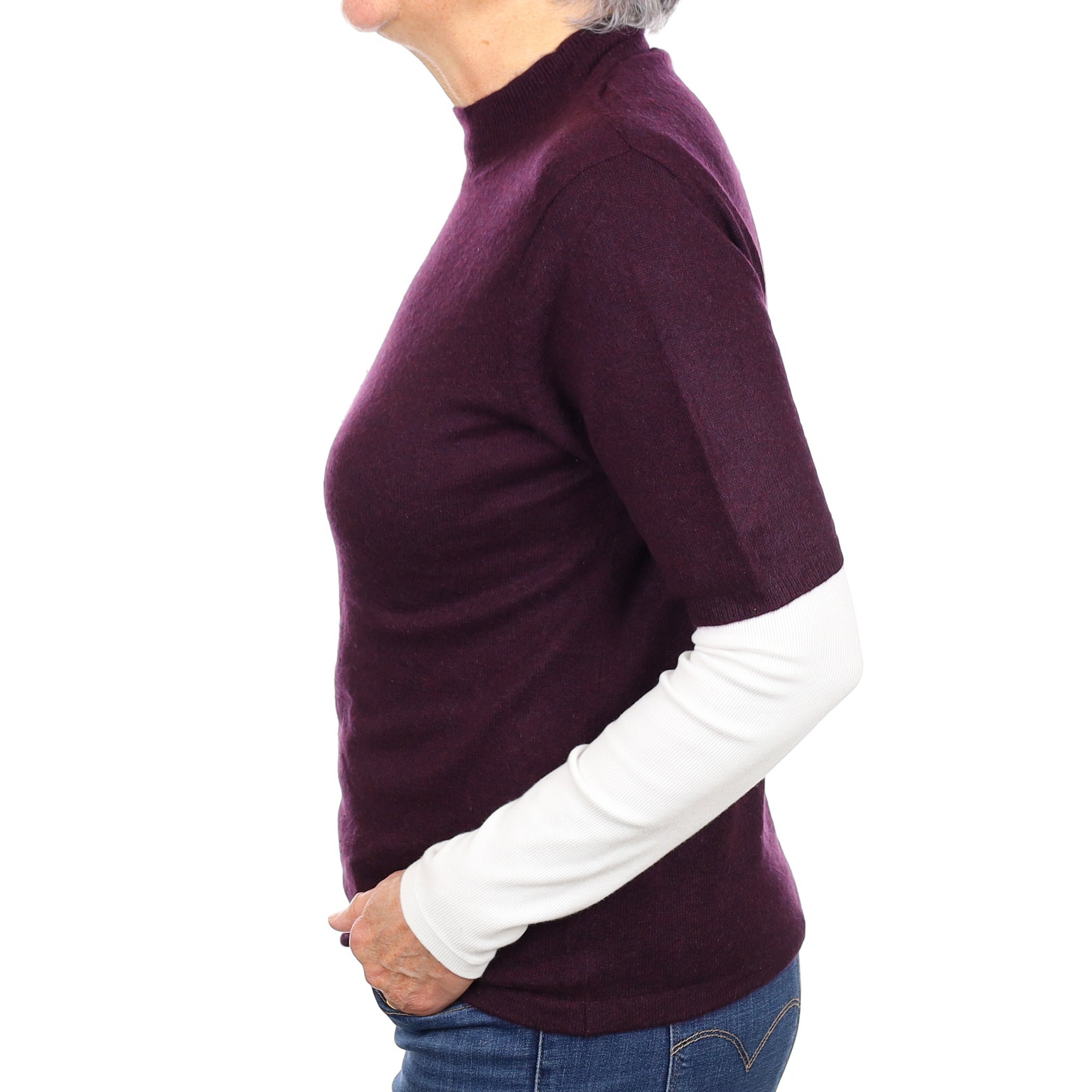 Aubergine Purple Cashmere Short Sleeve Turtleneck Jumper Medium